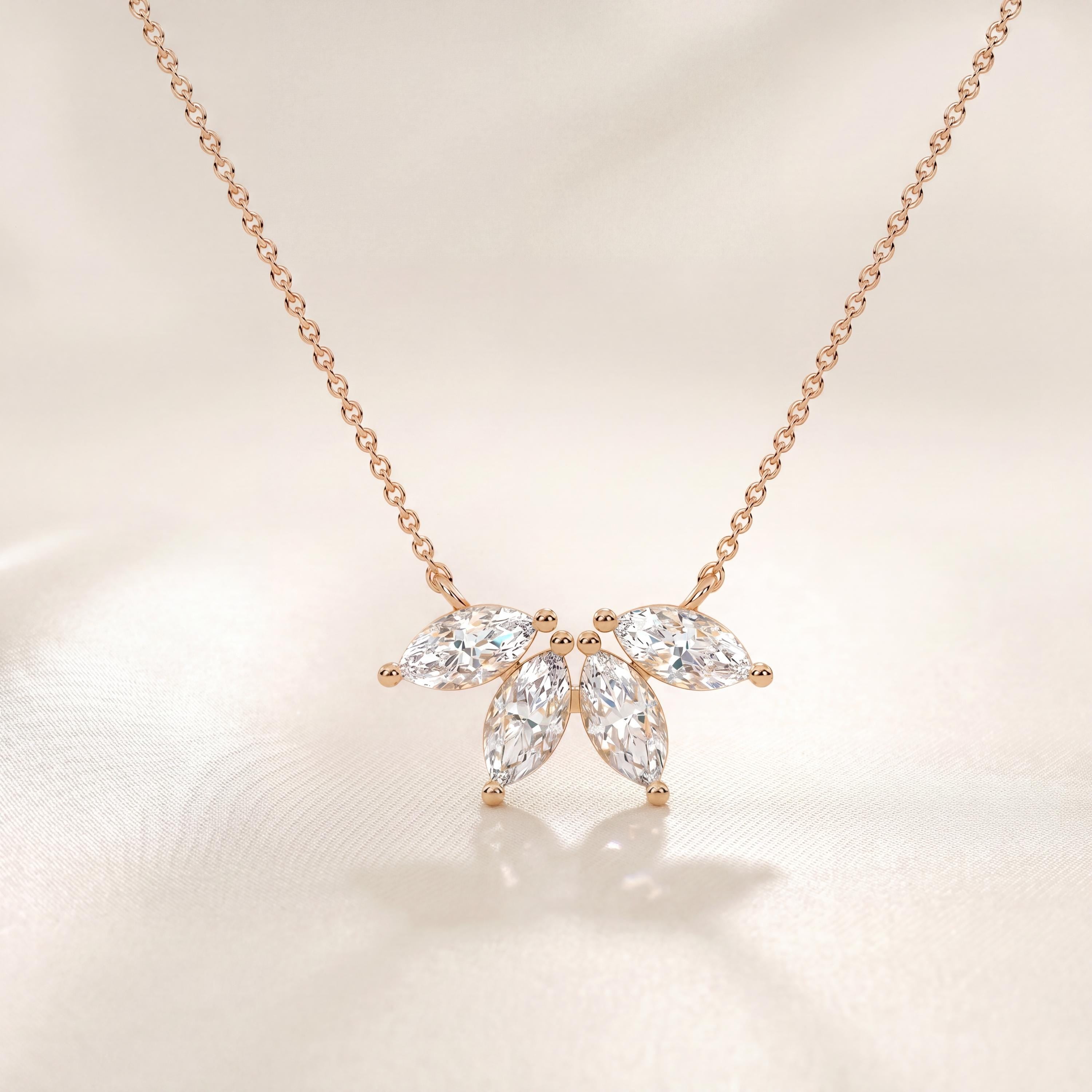 Five Stone Marquise Diamond Cluster Pendant Necklace 14K Solid Gold