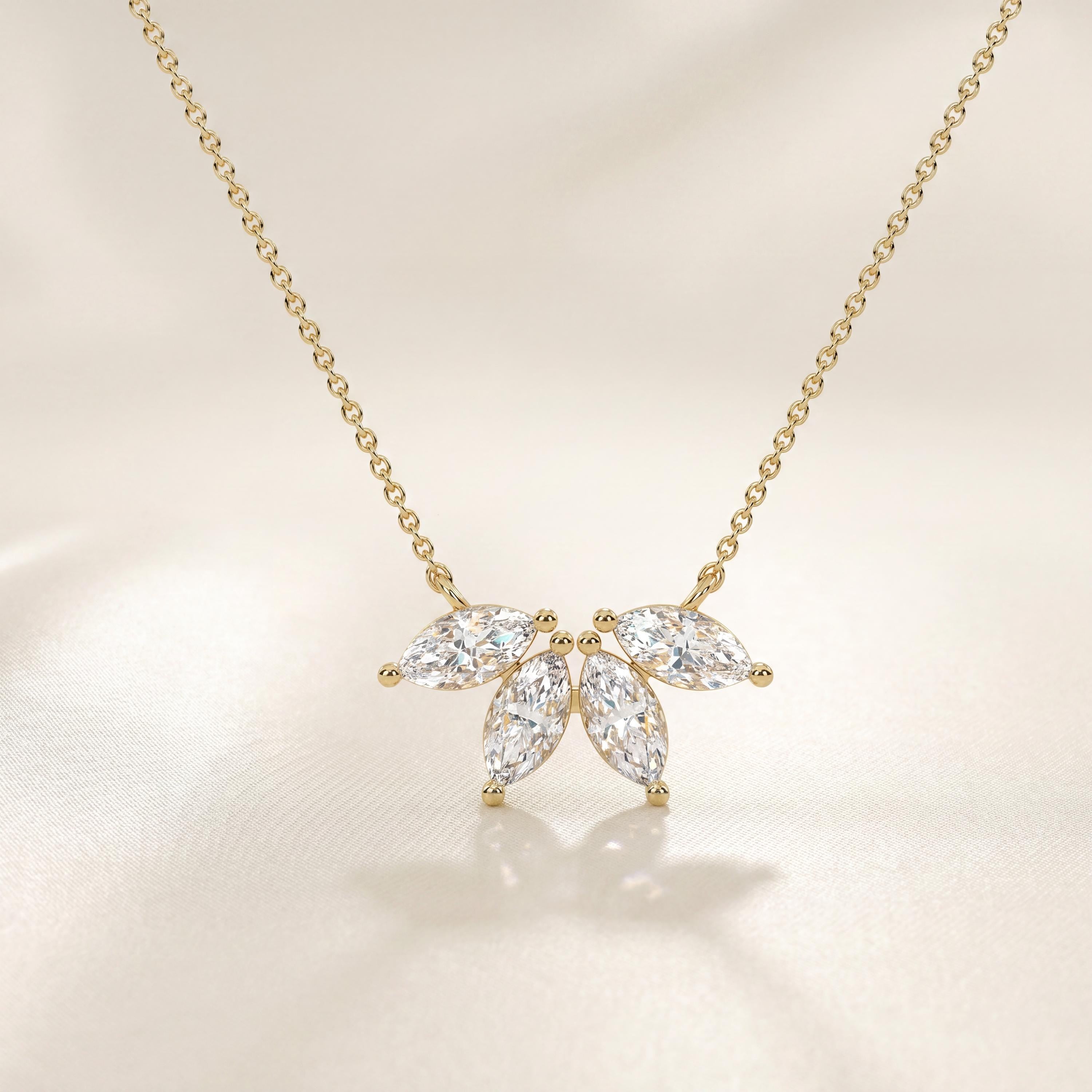 Five Stone Marquise Diamond Cluster Pendant Necklace 14K Solid Gold