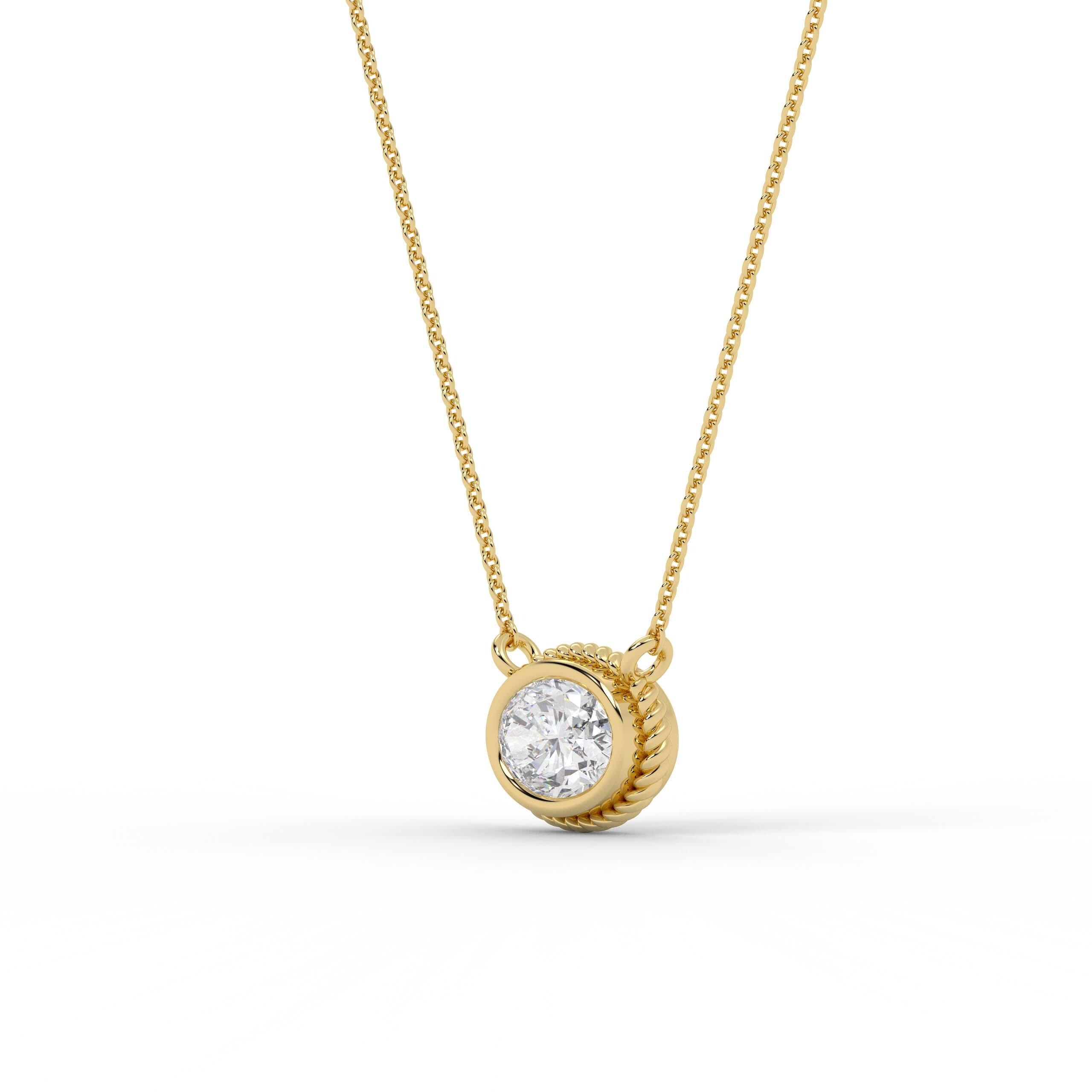 Oval Diamond Solitaire Bezel Set Halo Rope 14K Solid Gold Pendant Necklace