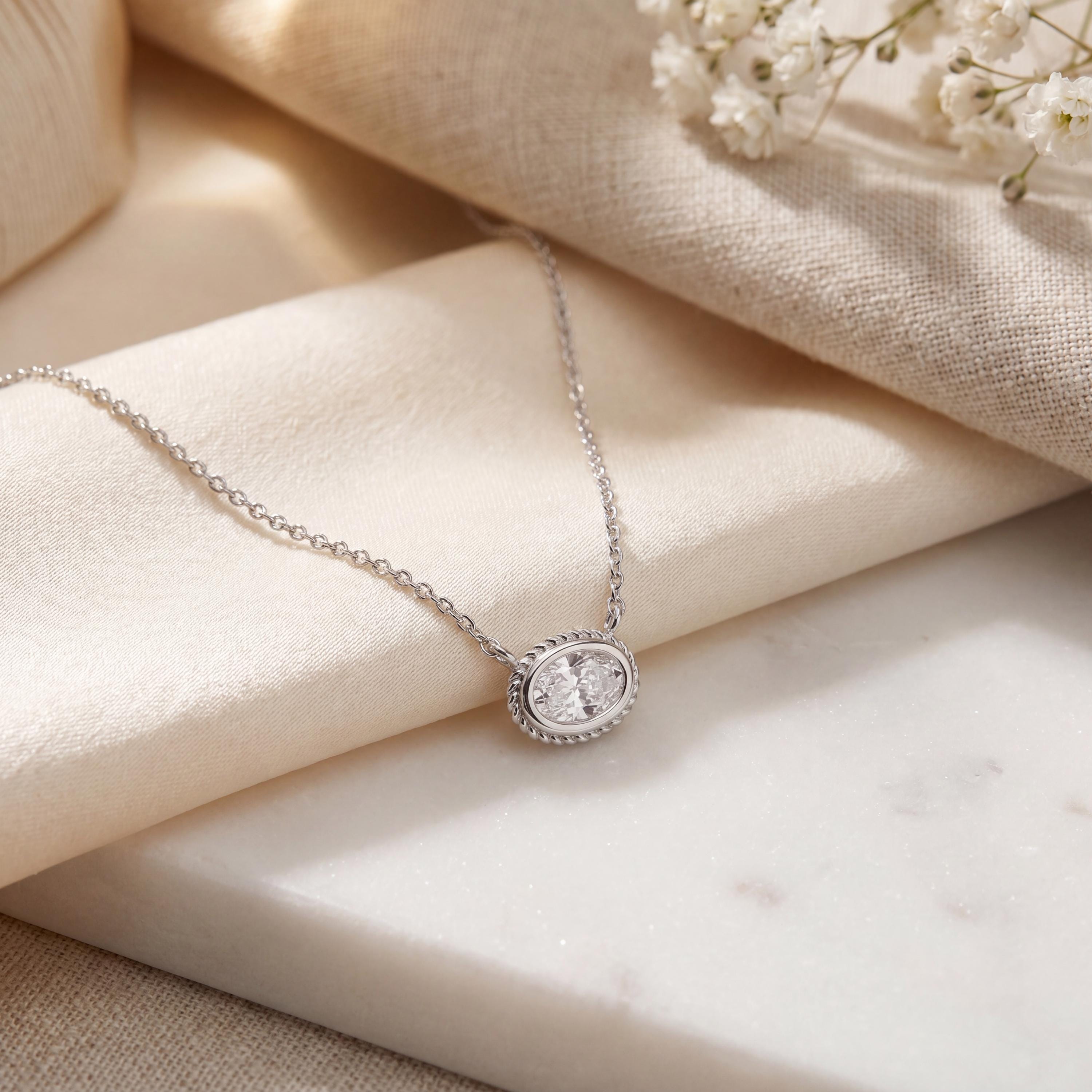 Oval Diamond Solitaire Bezel Set Halo Rope 14K Solid Gold Pendant Necklace