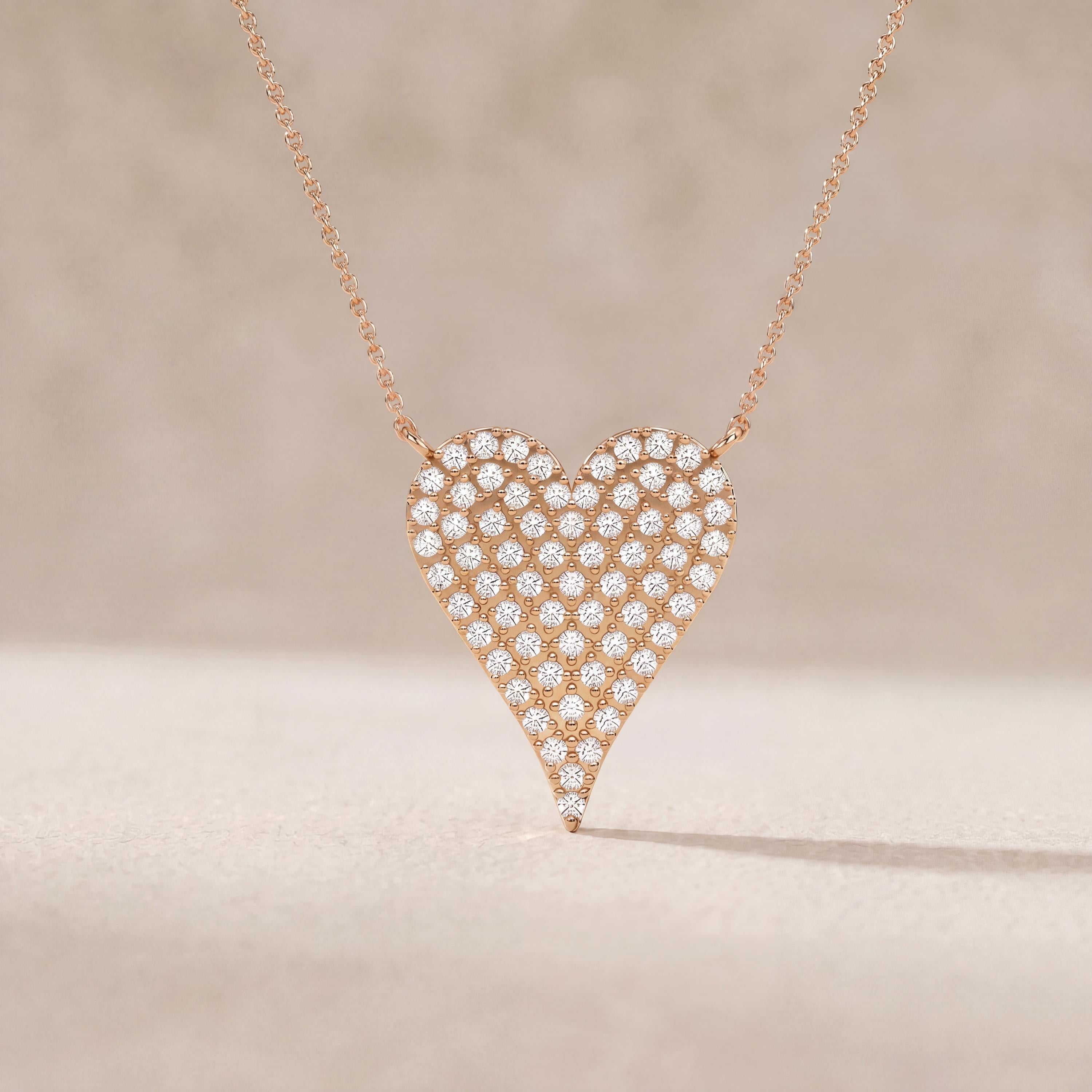 Diamond Pave Elongated Heart 14K Solid Gold Pendant Necklace