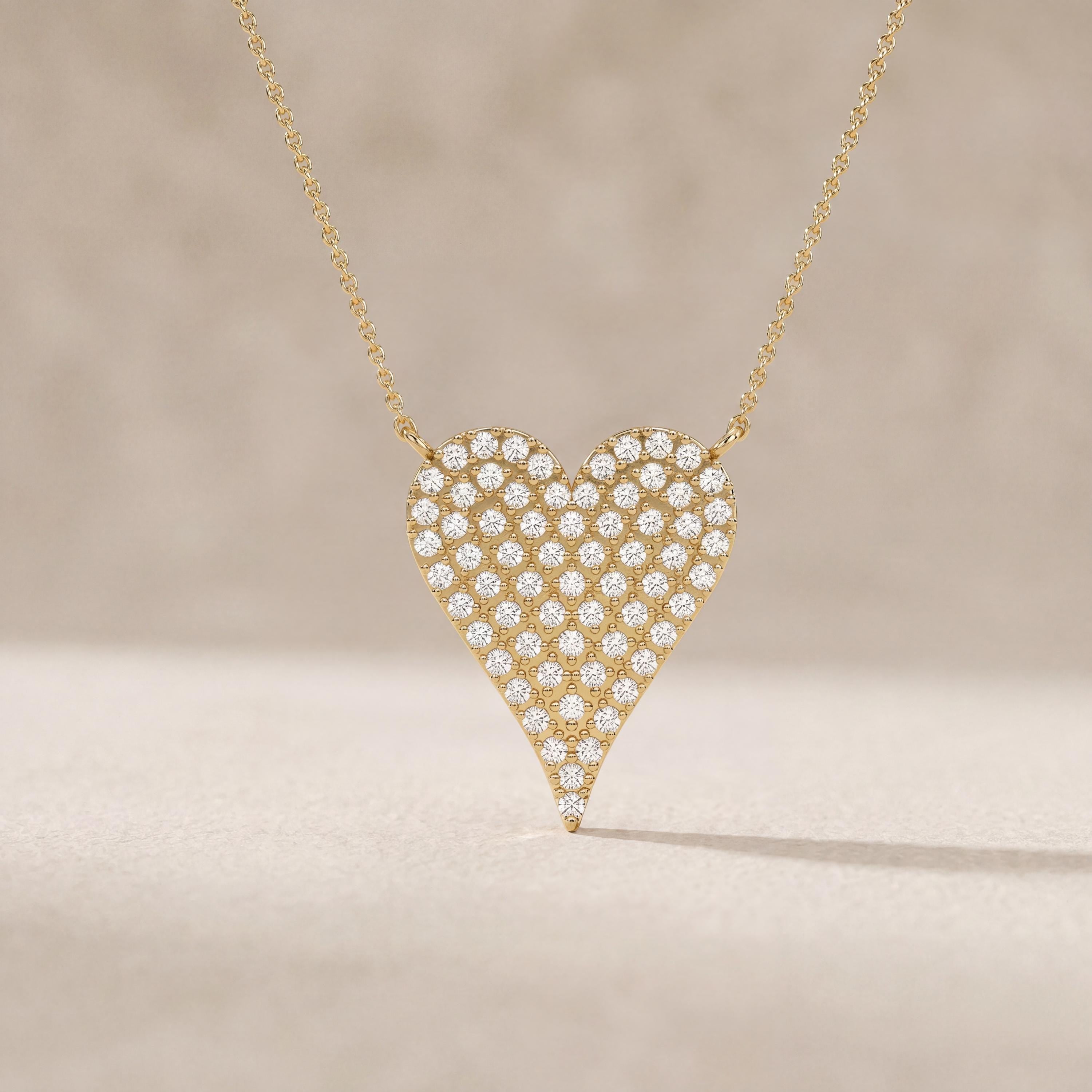 Diamond Pave Elongated Heart 14K Solid Gold Pendant Necklace