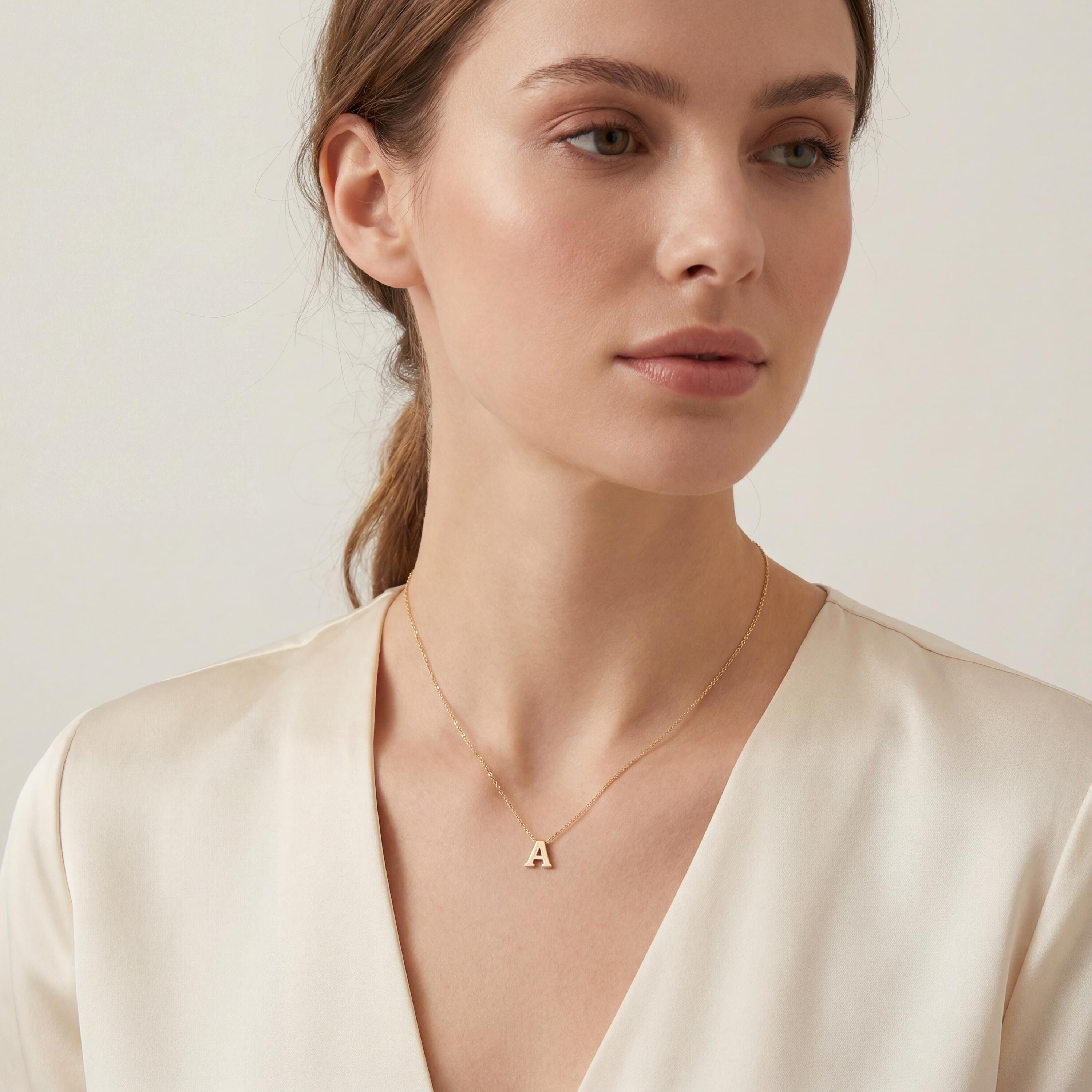 Personalized 14K Dainty Solid Gold Initial Letter Necklace Pendant