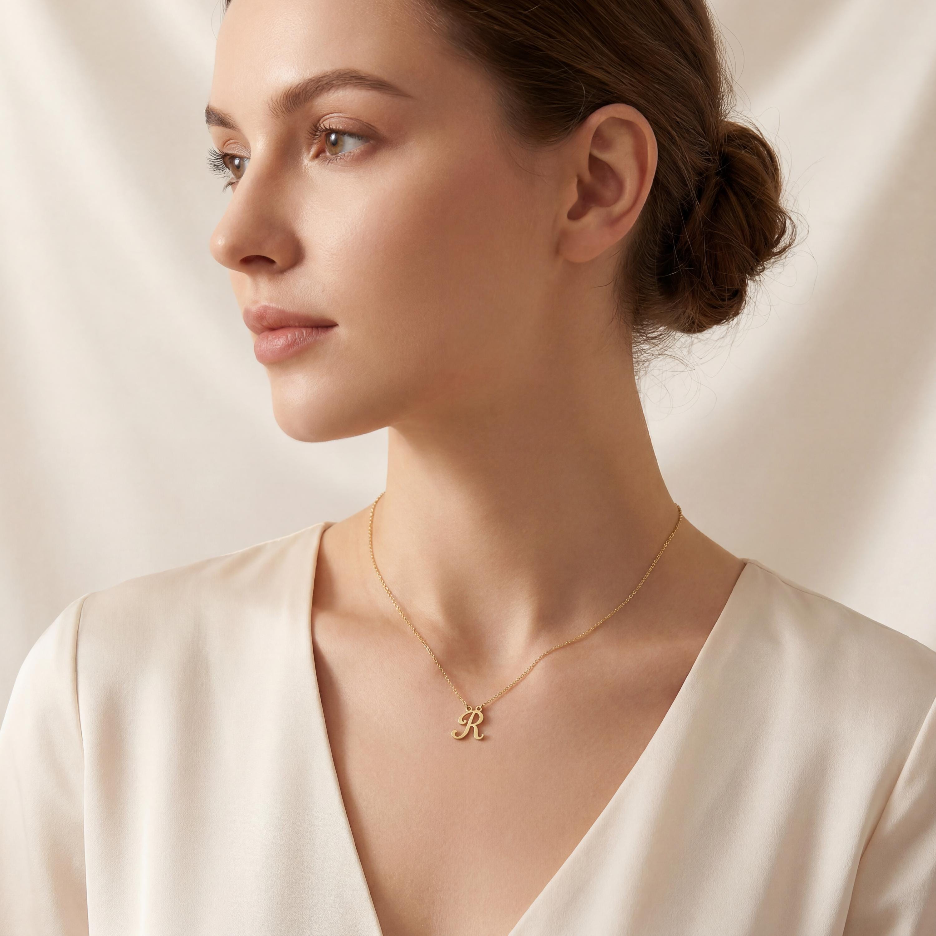 Personalized Script 14K Dainty Solid Gold Initial Letter Necklace Pendant