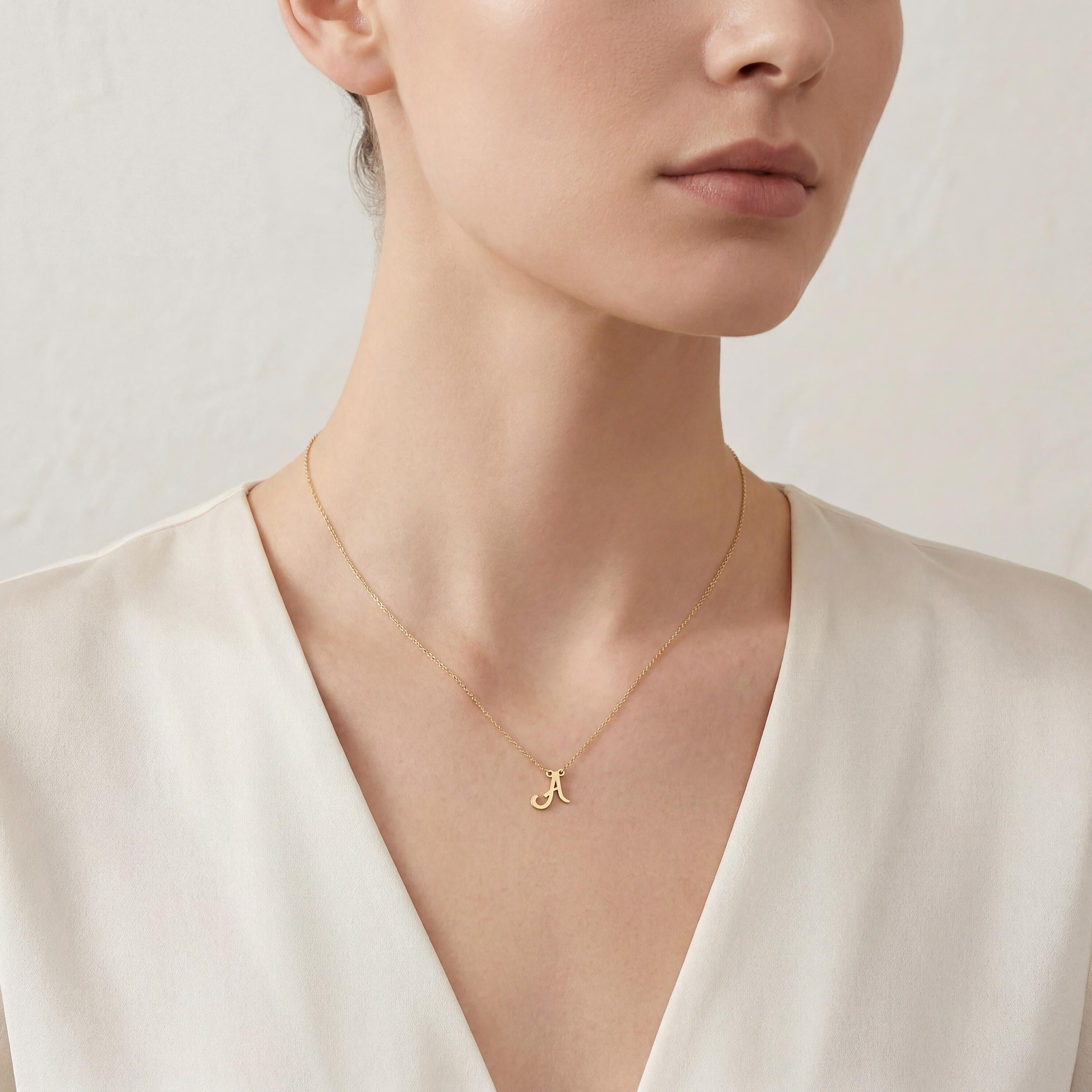 Personalized Script 14K Dainty Solid Gold Initial Letter Necklace Pendant