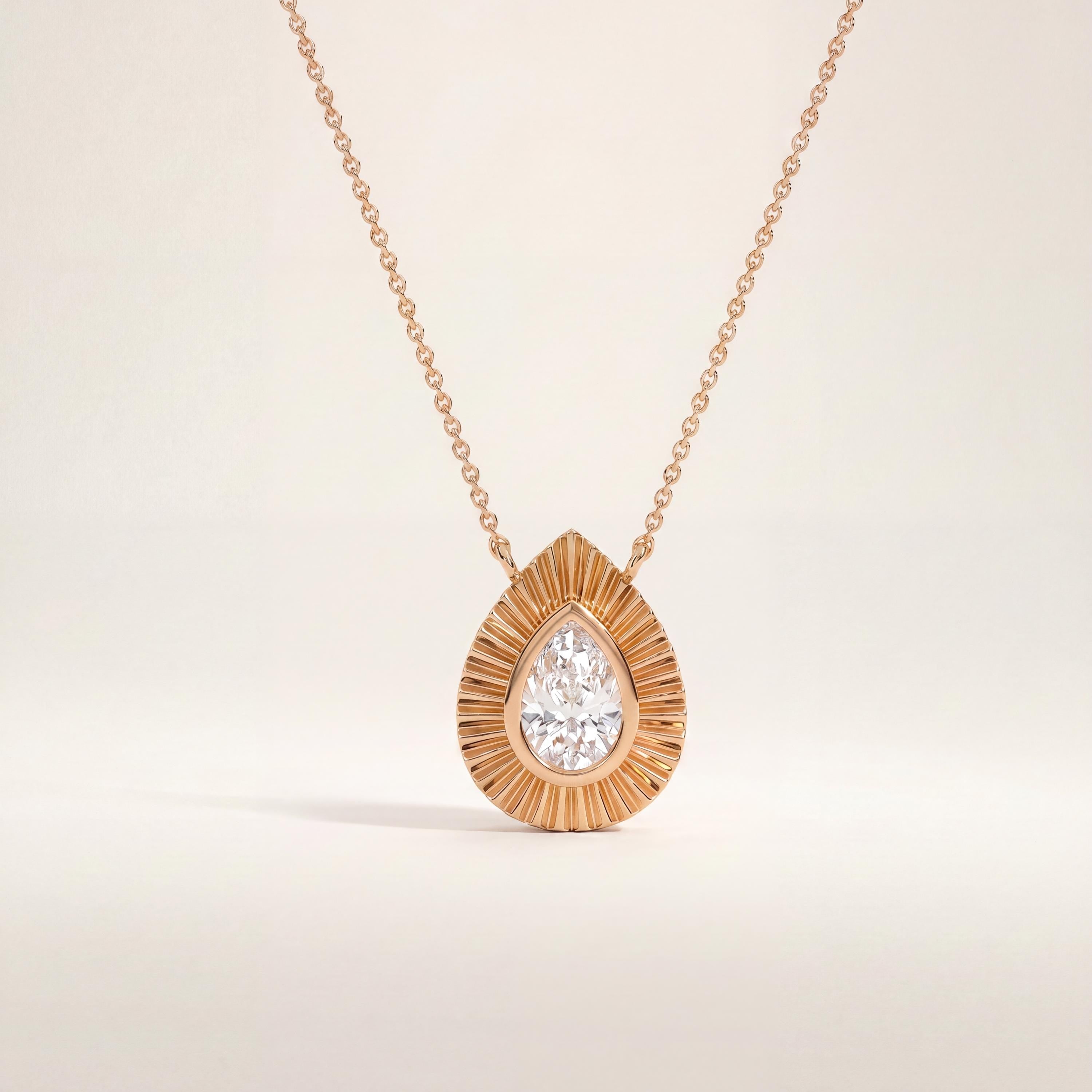 Pear Shape Diamond Fluted Dainty Bezel 14K Solid Gold Pendant Necklace