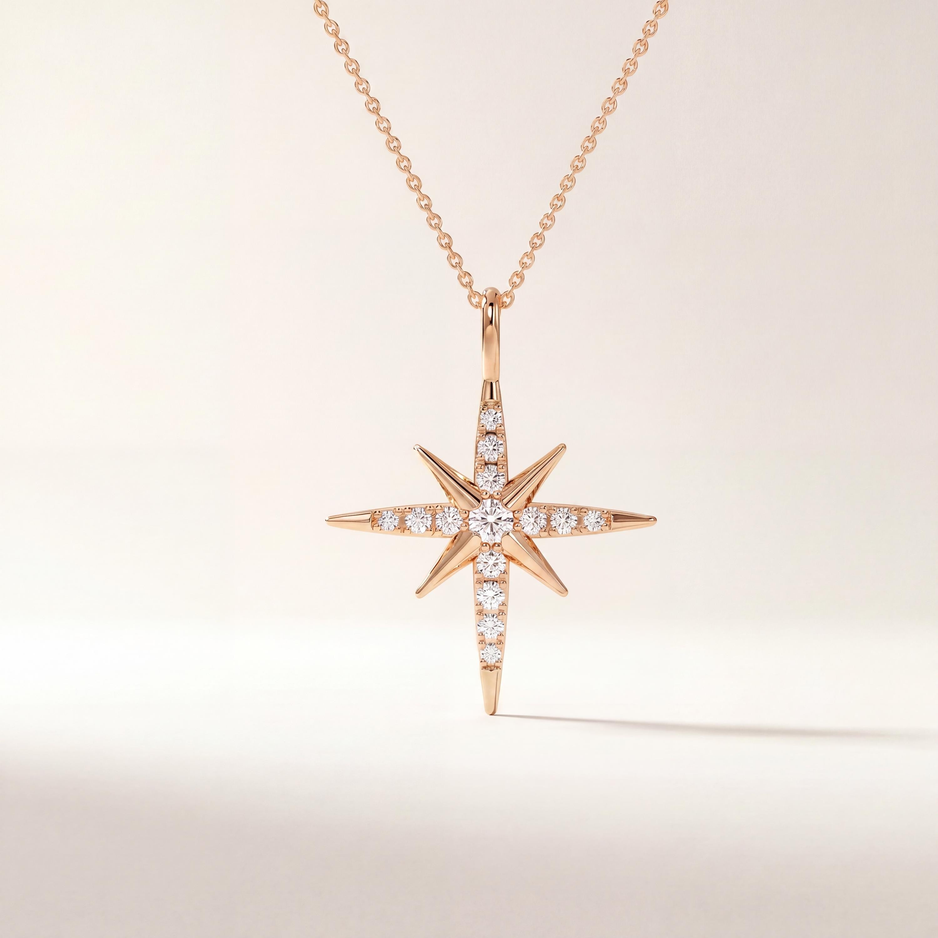 Round Diamond Dainty North Star 14K Solid Gold Pendant Necklace