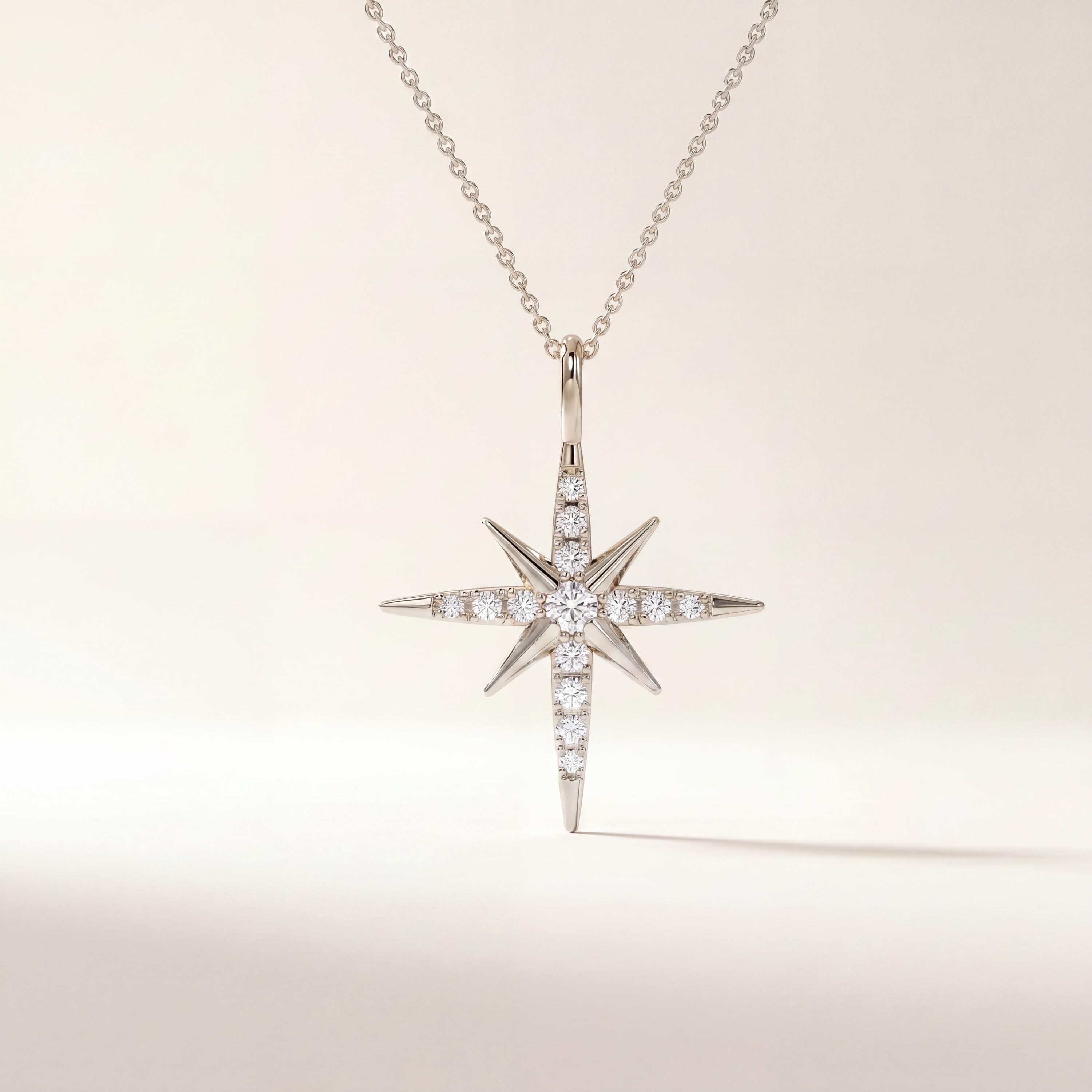 Round Diamond Dainty North Star 14K Solid Gold Pendant Necklace
