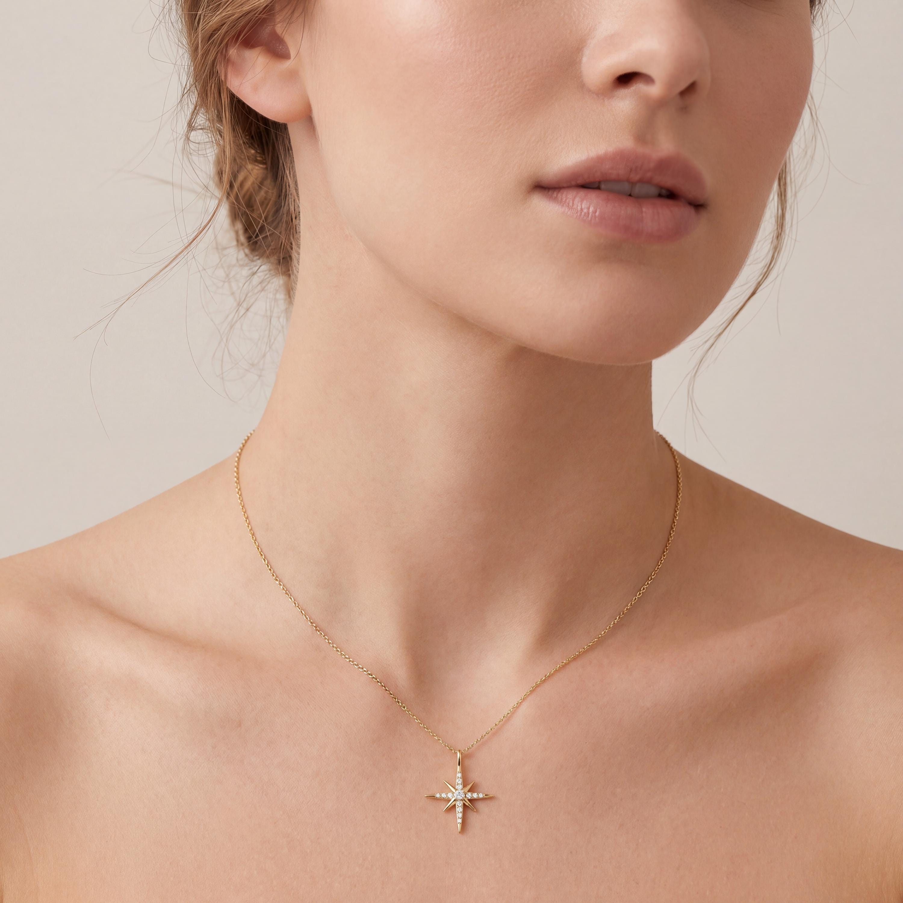 Round Diamond Dainty North Star 14K Solid Gold Pendant Necklace