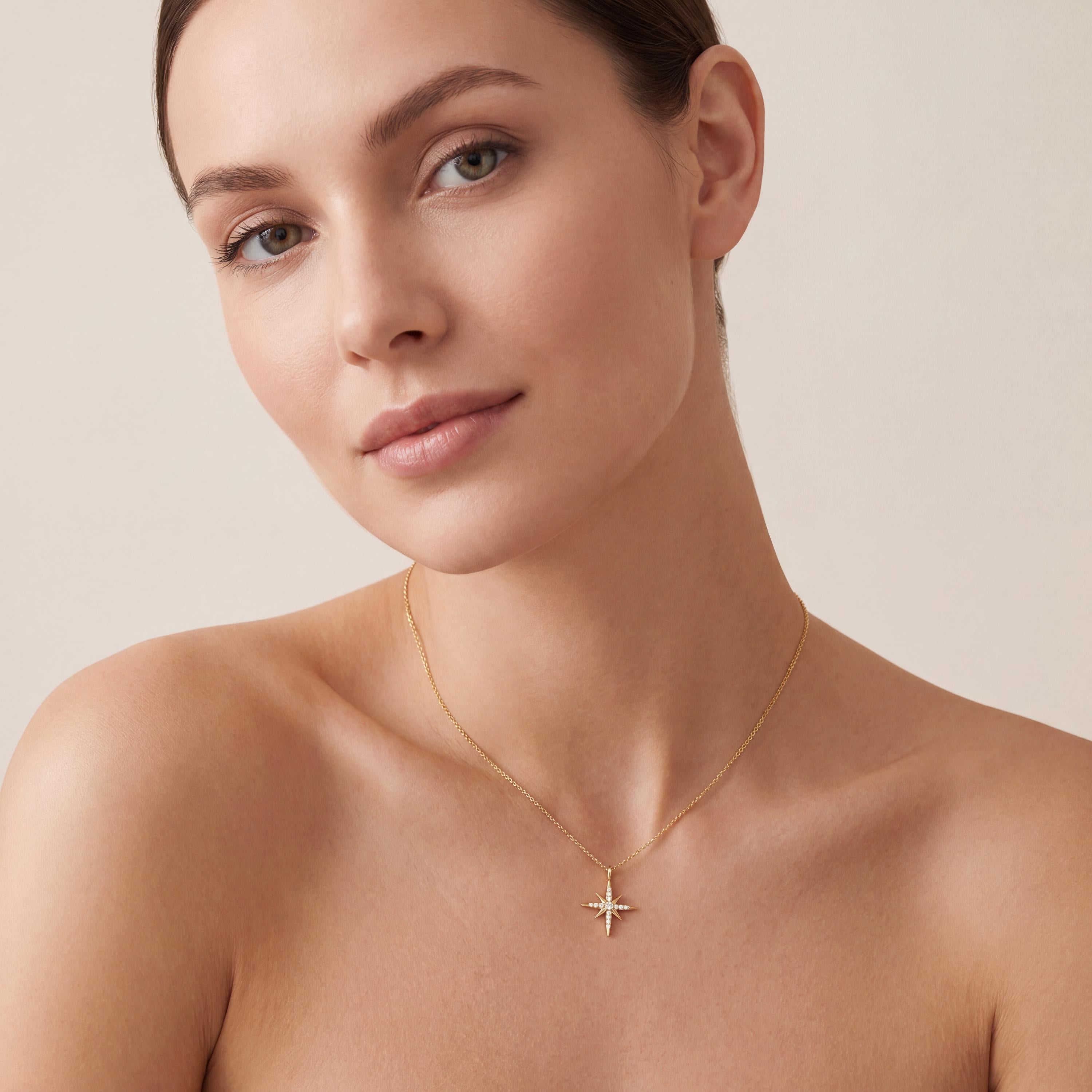Round Diamond Dainty North Star 14K Solid Gold Pendant Necklace