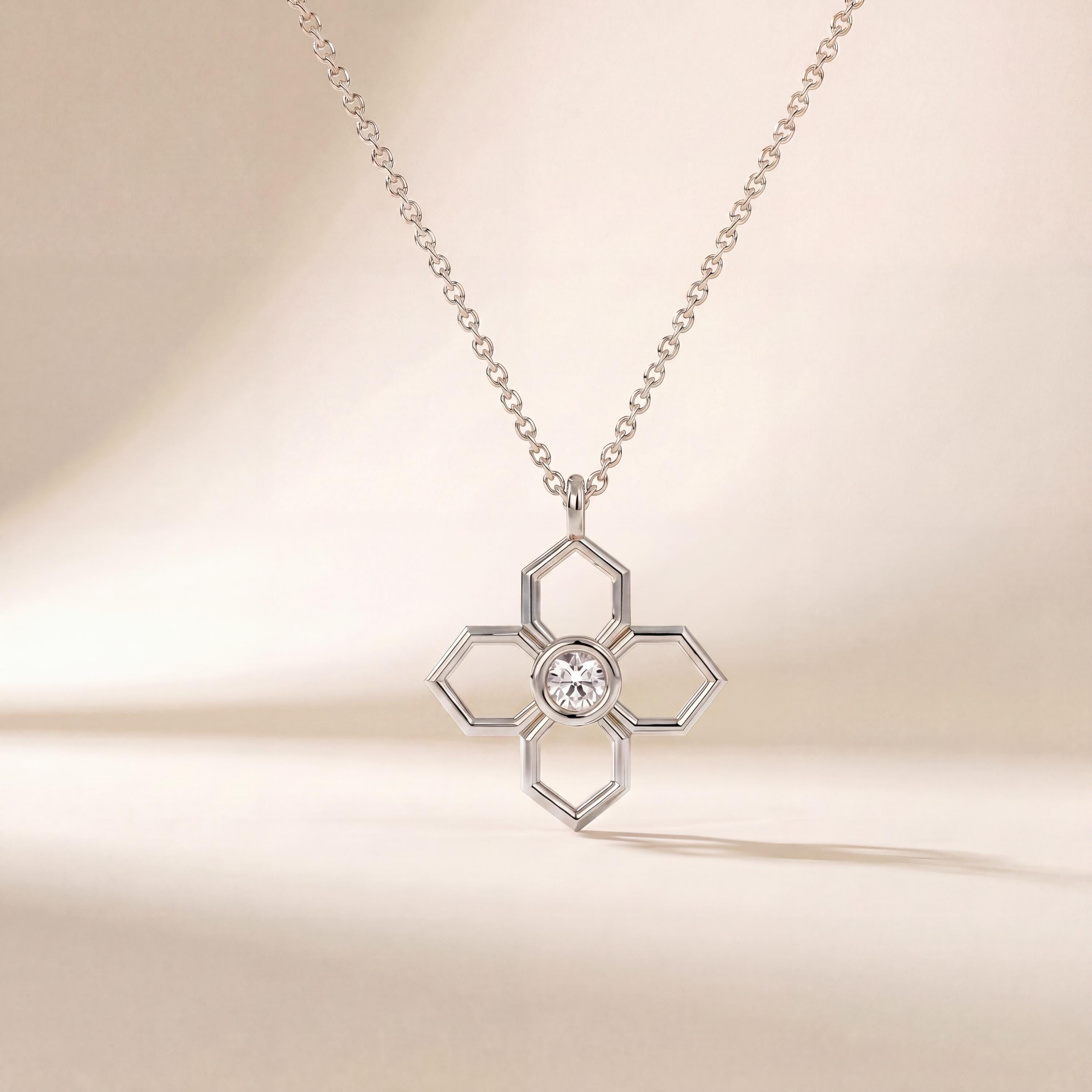 Octagon Diamond Solitaire Dainty Flower 14K Solid Gold Pendant Necklace