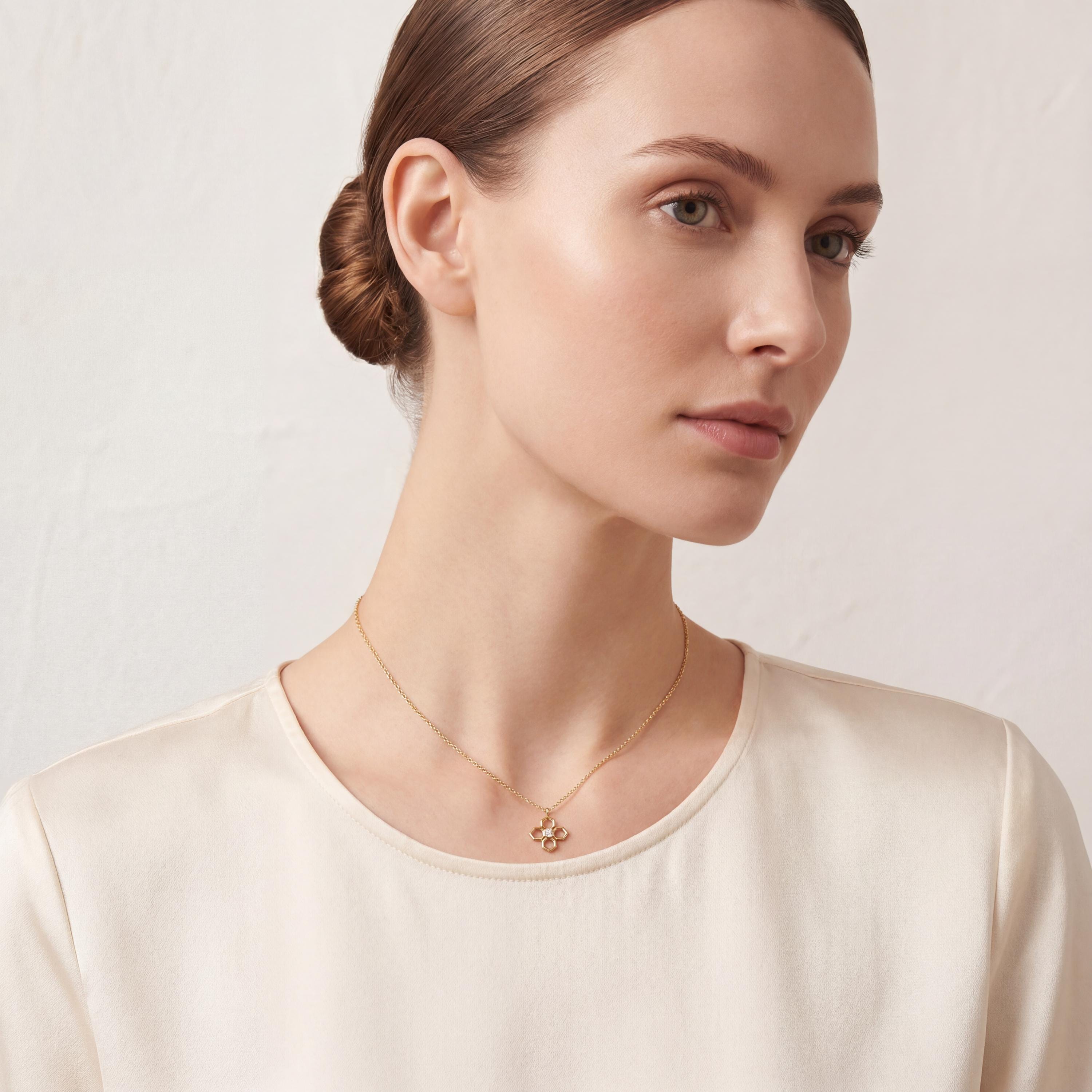 Octagon Diamond Solitaire Dainty Flower 14K Solid Gold Pendant Necklace