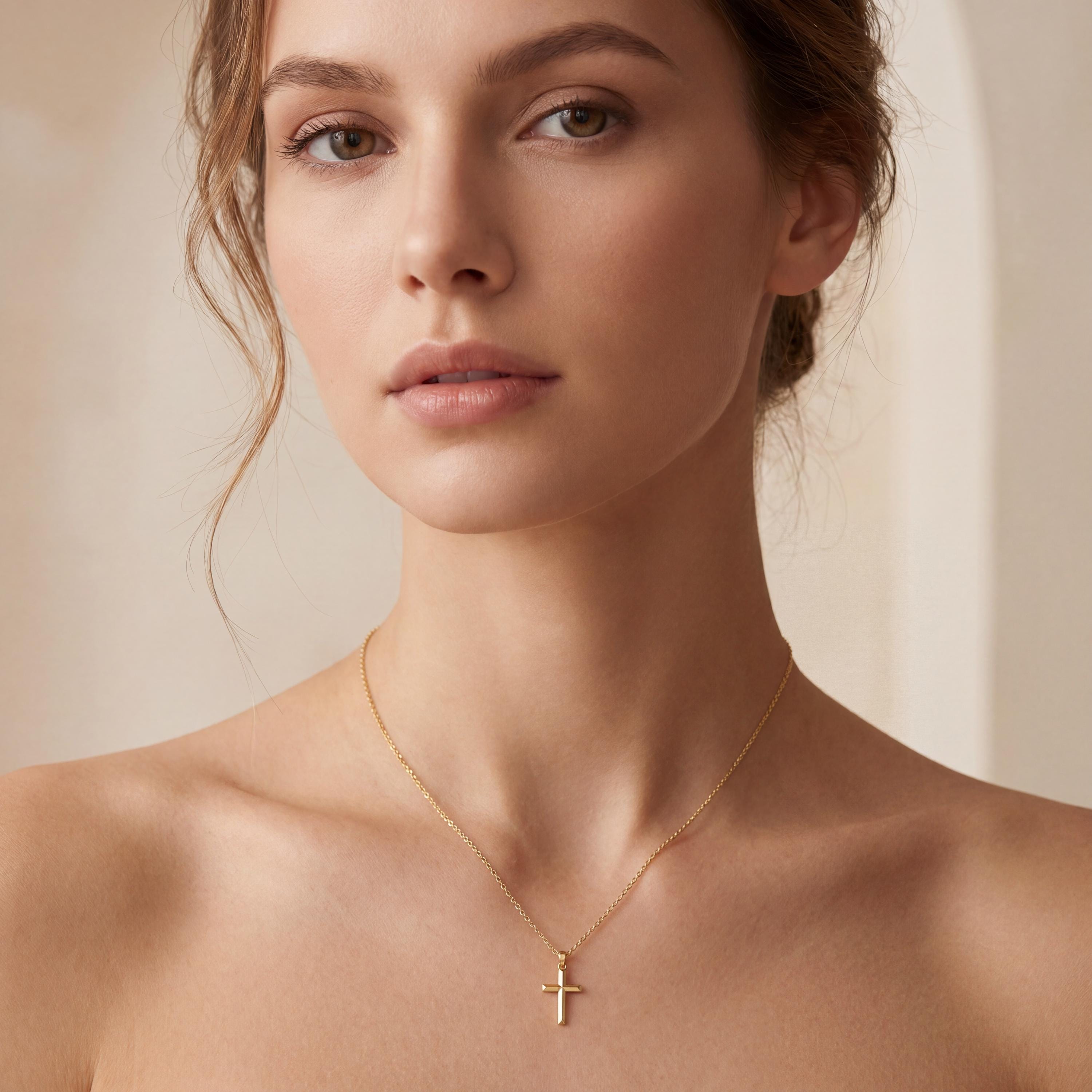 Beveled Edge Plain Cross 14K Solid Gold Pendant Necklace