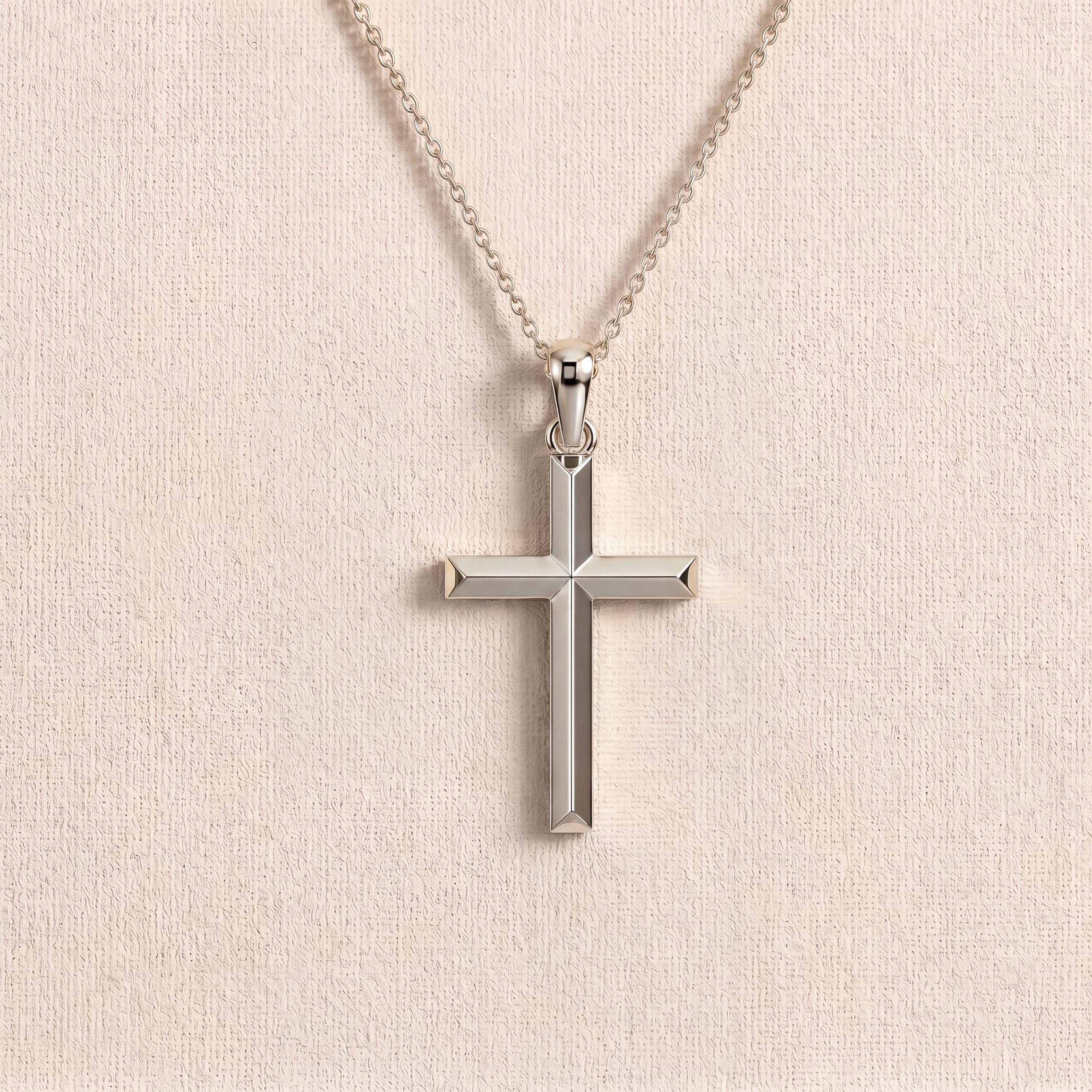Beveled Edge Plain Cross 14K Solid Gold Pendant Necklace
