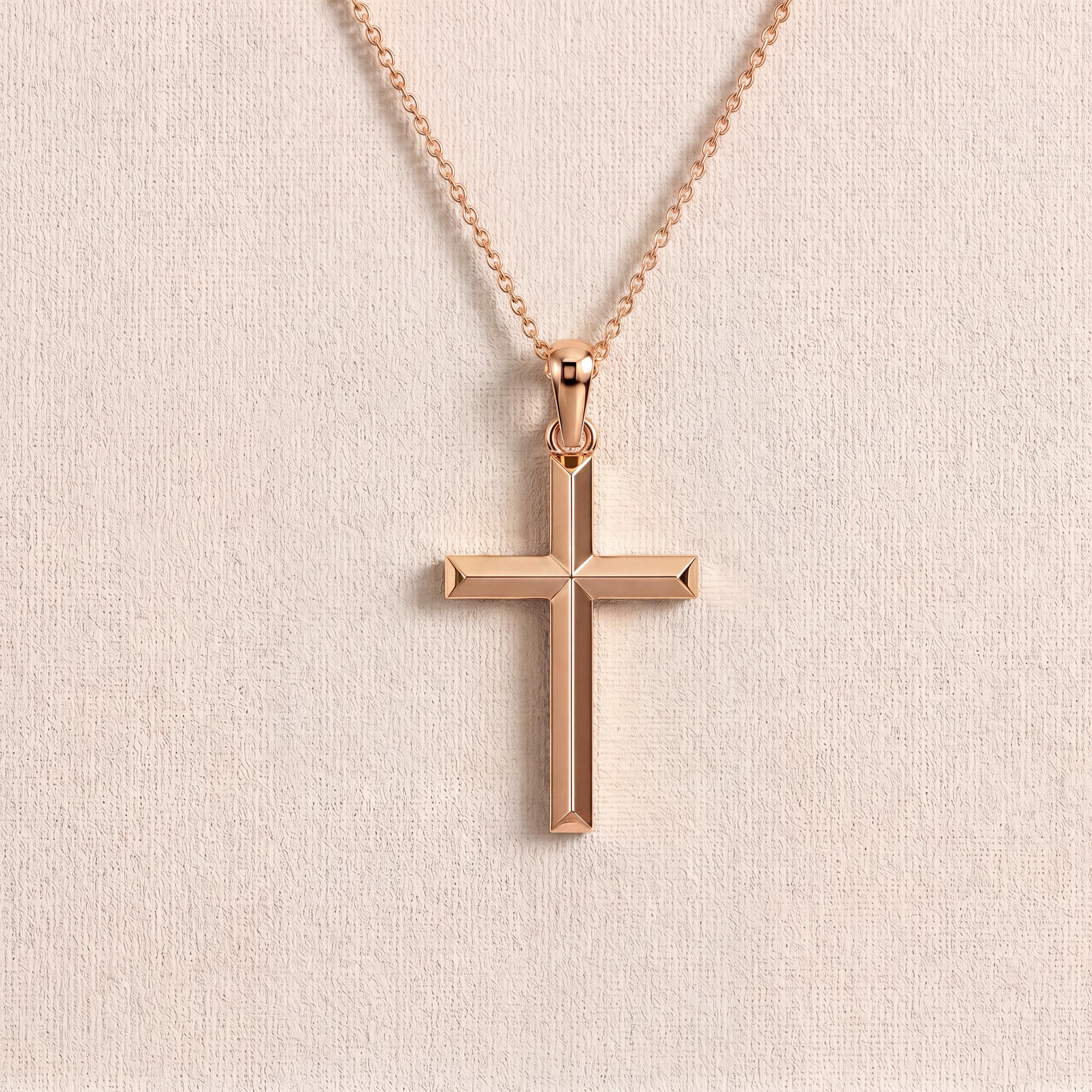 Beveled Edge Plain Cross 14K Solid Gold Pendant Necklace