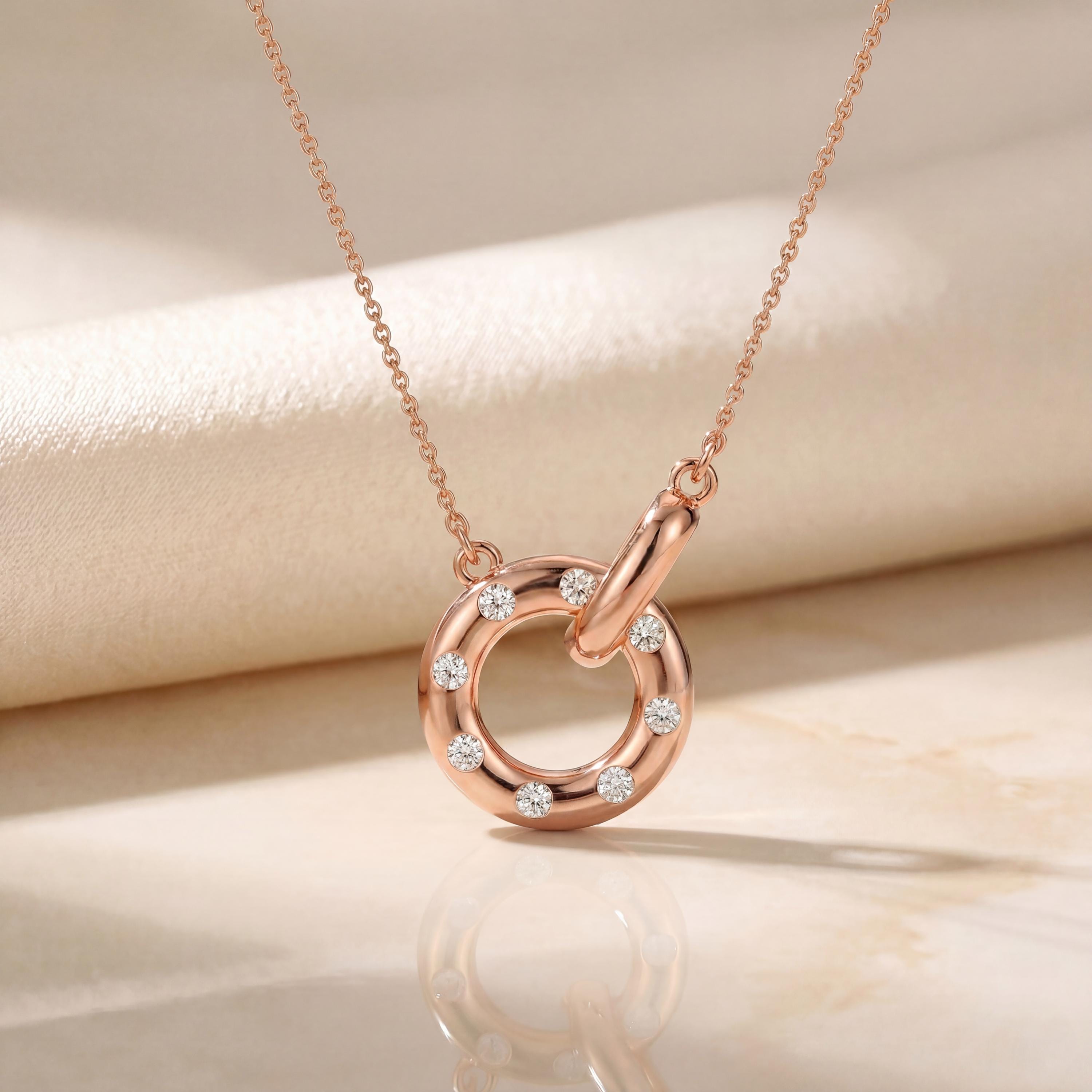 Round Diamond Open Interlocking Circle Dainty 14K Solid Gold Pendant Necklace