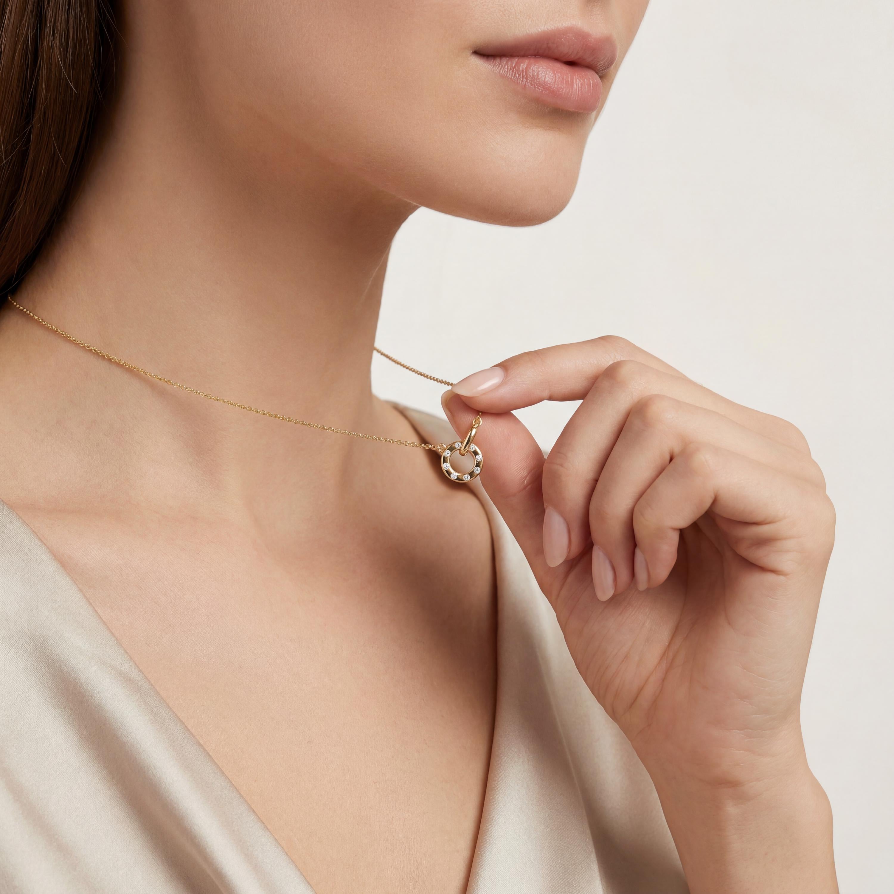 Round Diamond Open Interlocking Circle Dainty 14K Solid Gold Pendant Necklace
