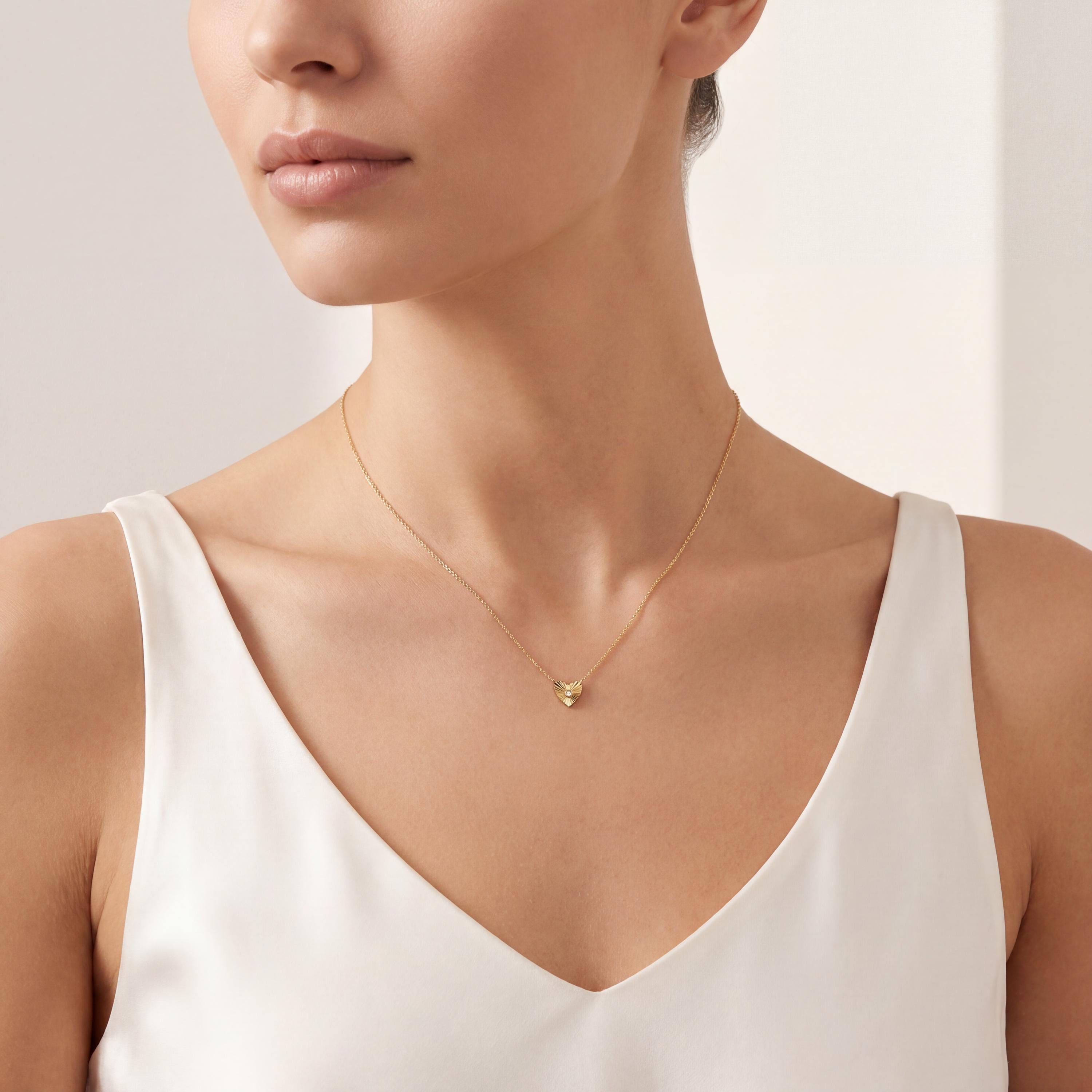 Diamond Fluted Heart Shape Dainty Sun Burst 14K Solid Gold Pendant Necklace