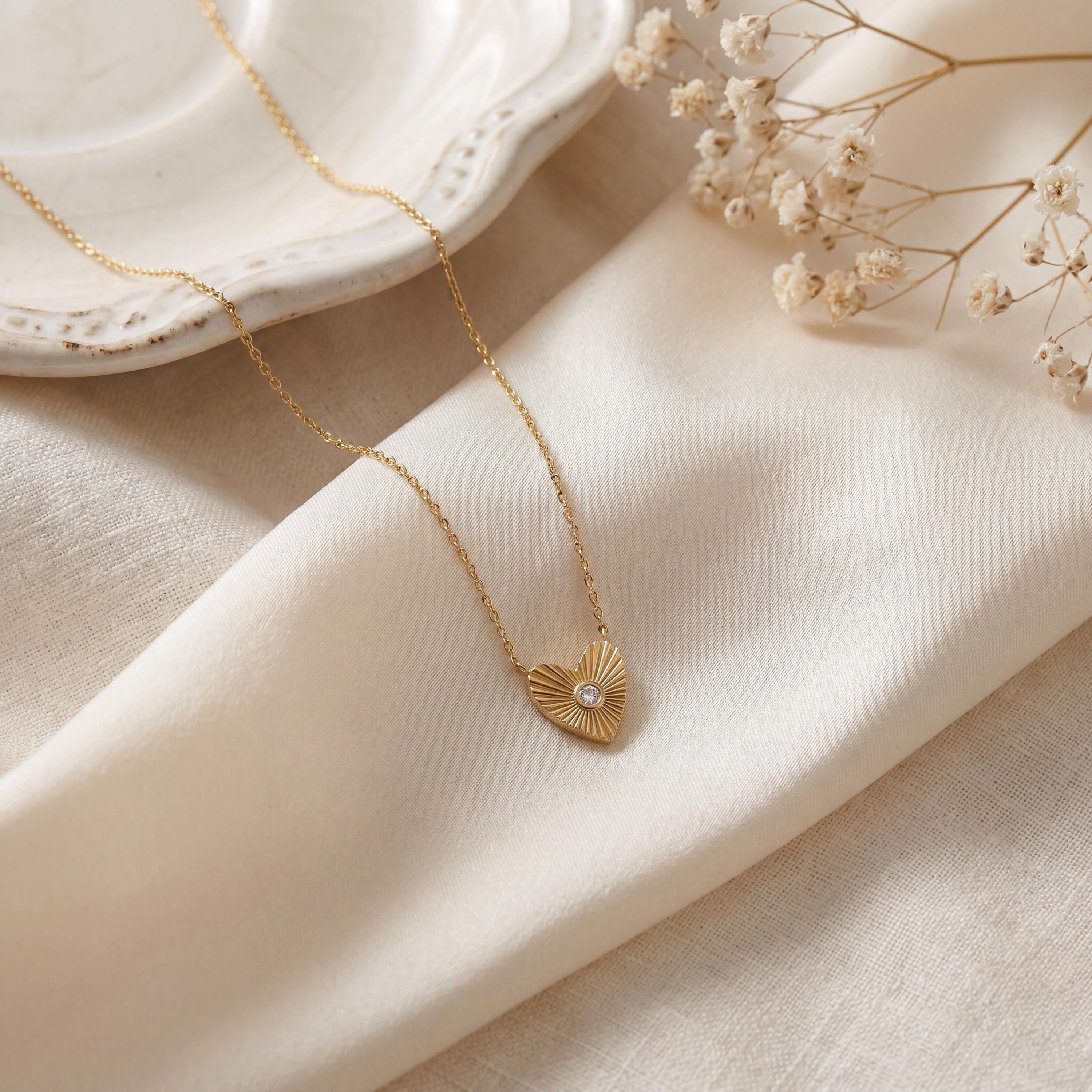 Diamond Fluted Heart Shape Dainty Sun Burst 14K Solid Gold Pendant Necklace