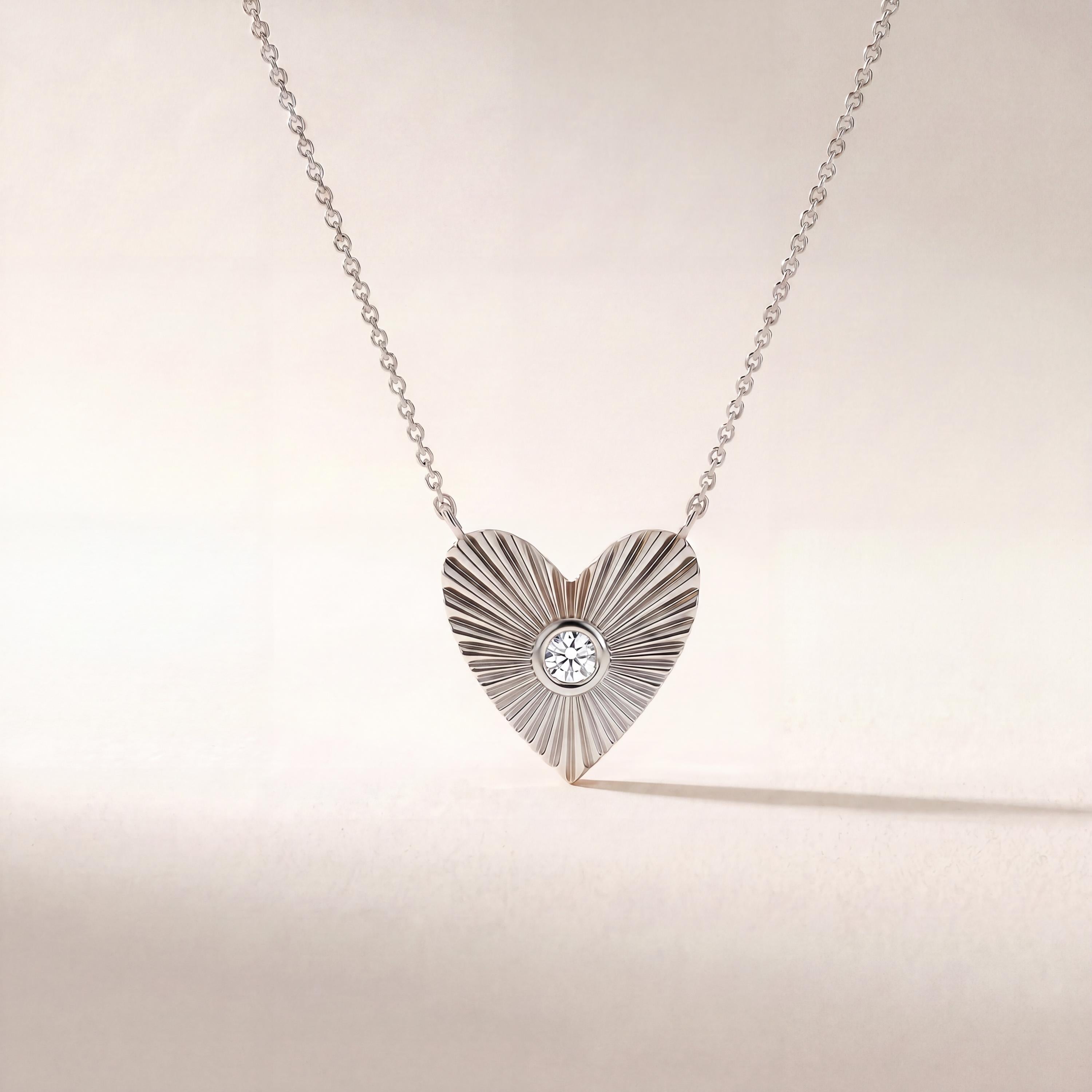 Diamond Fluted Heart Shape Dainty Sun Burst 14K Solid Gold Pendant Necklace