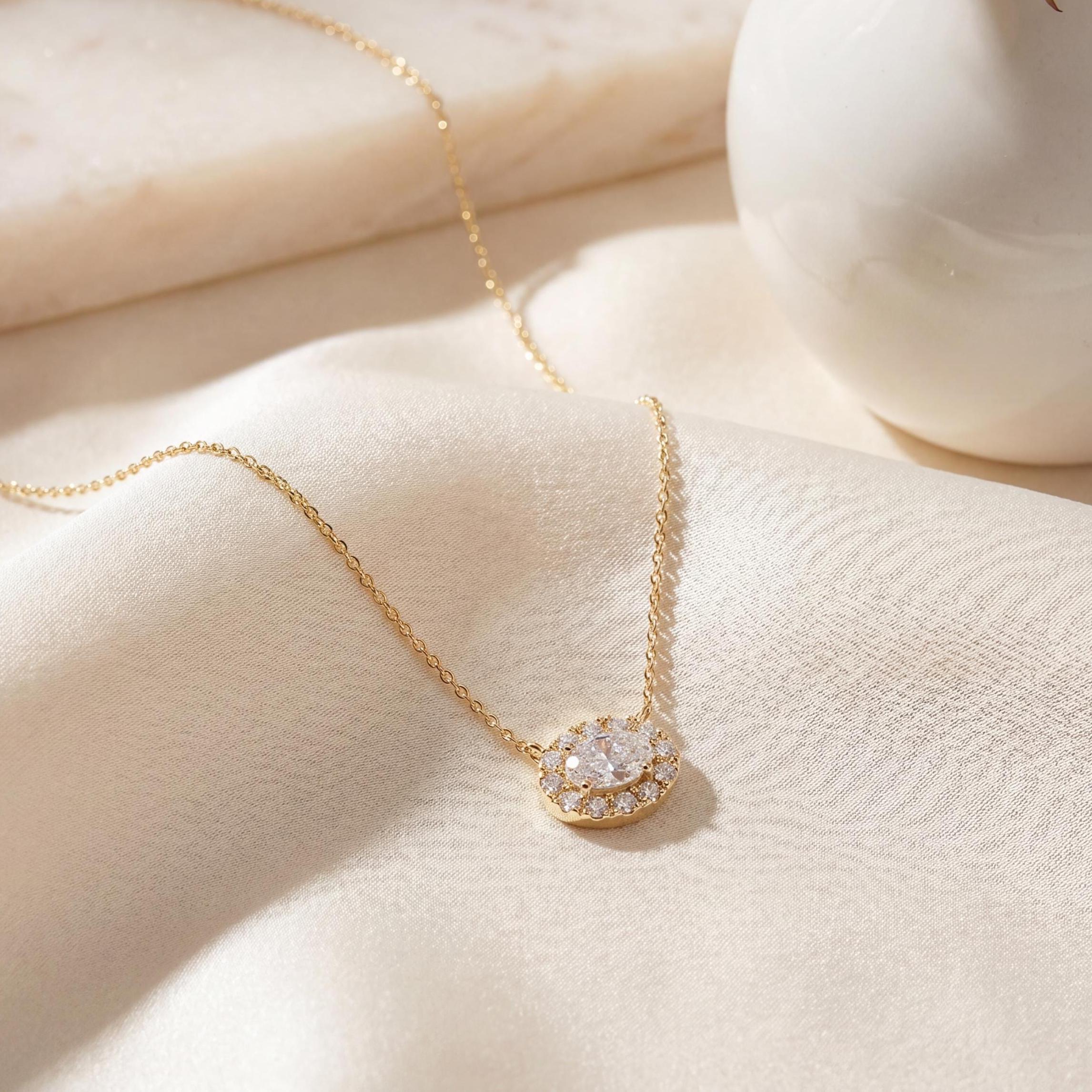 Oval Diamond Halo Dainty 14K Solid Gold Pendant Necklace