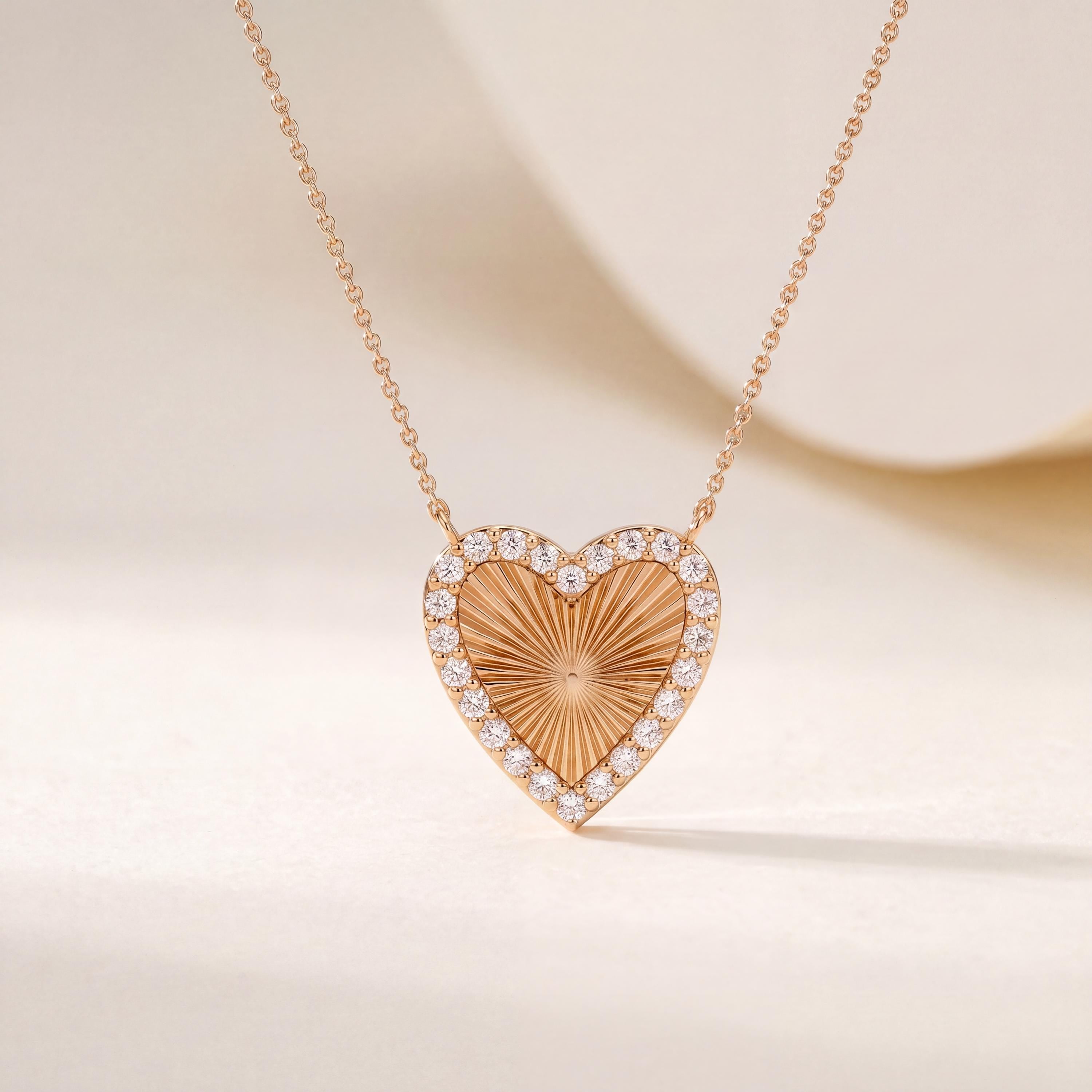 Diamond Fluted Dainty Sunburst Heart 14K Solid Gold Pendant Necklace
