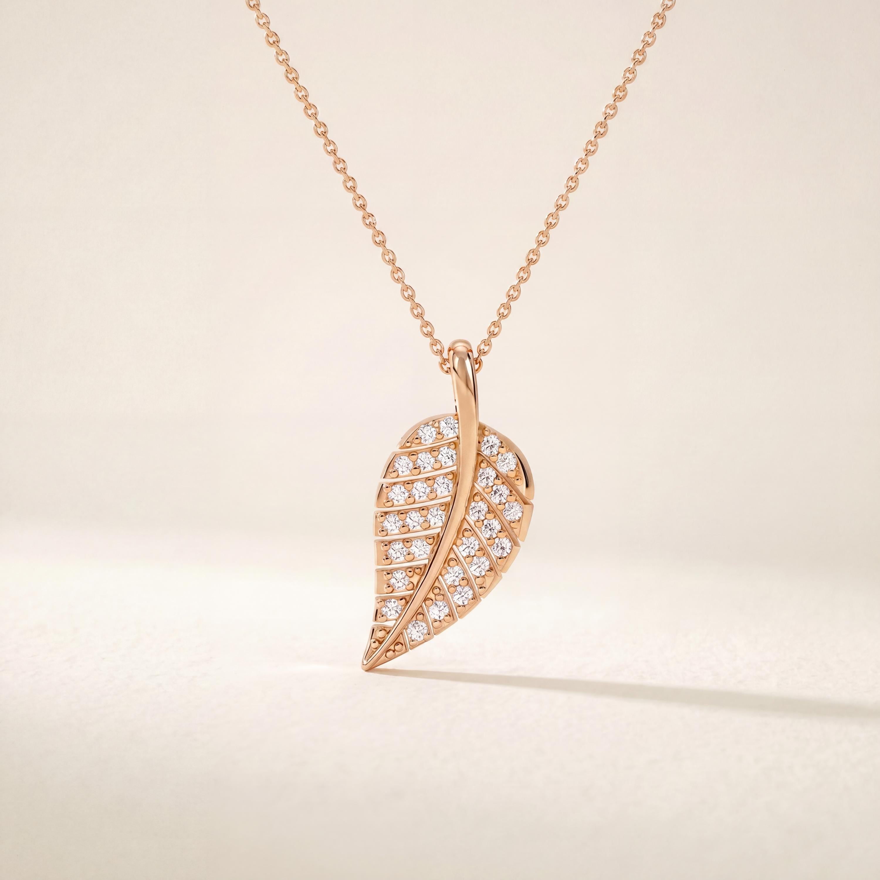 Round Diamond Dainty Leaf 14K Solid Gold Pendant Necklace