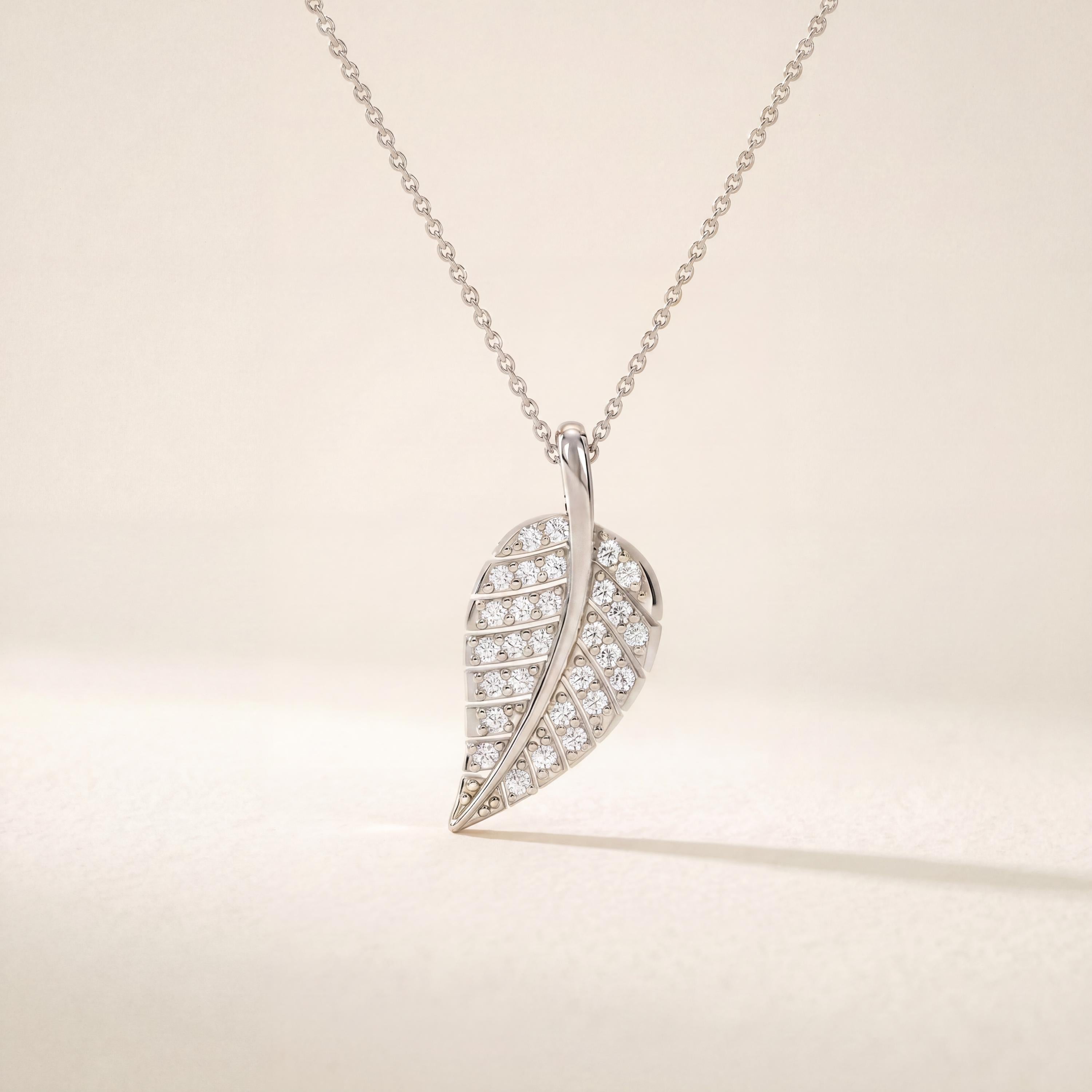 Round Diamond Dainty Leaf 14K Solid Gold Pendant Necklace