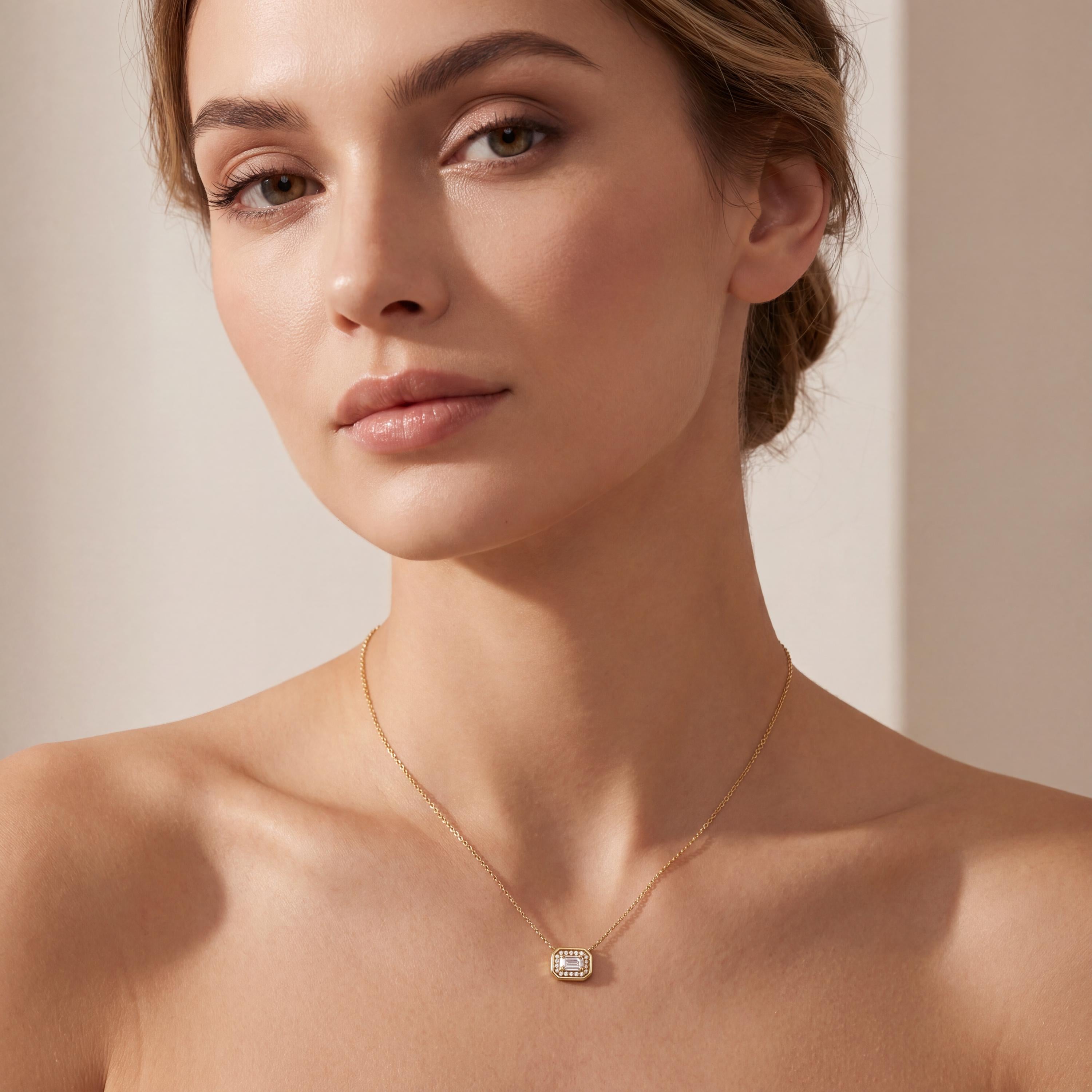 Emerald Cut Diamond Halo Dainty Bezel 14K Solid Gold Pendant Necklace