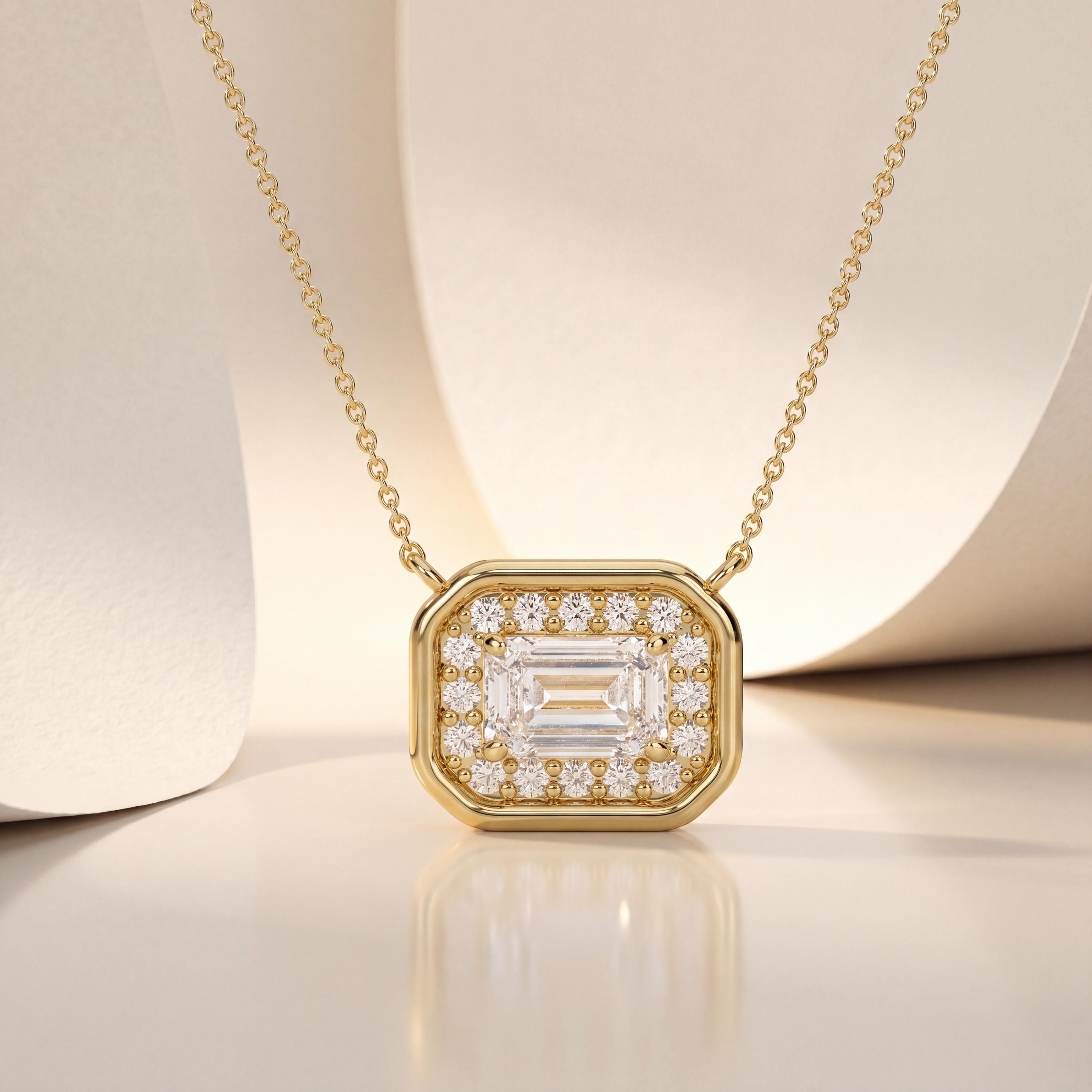 Emerald Cut Diamond Halo Dainty Bezel 14K Solid Gold Pendant Necklace