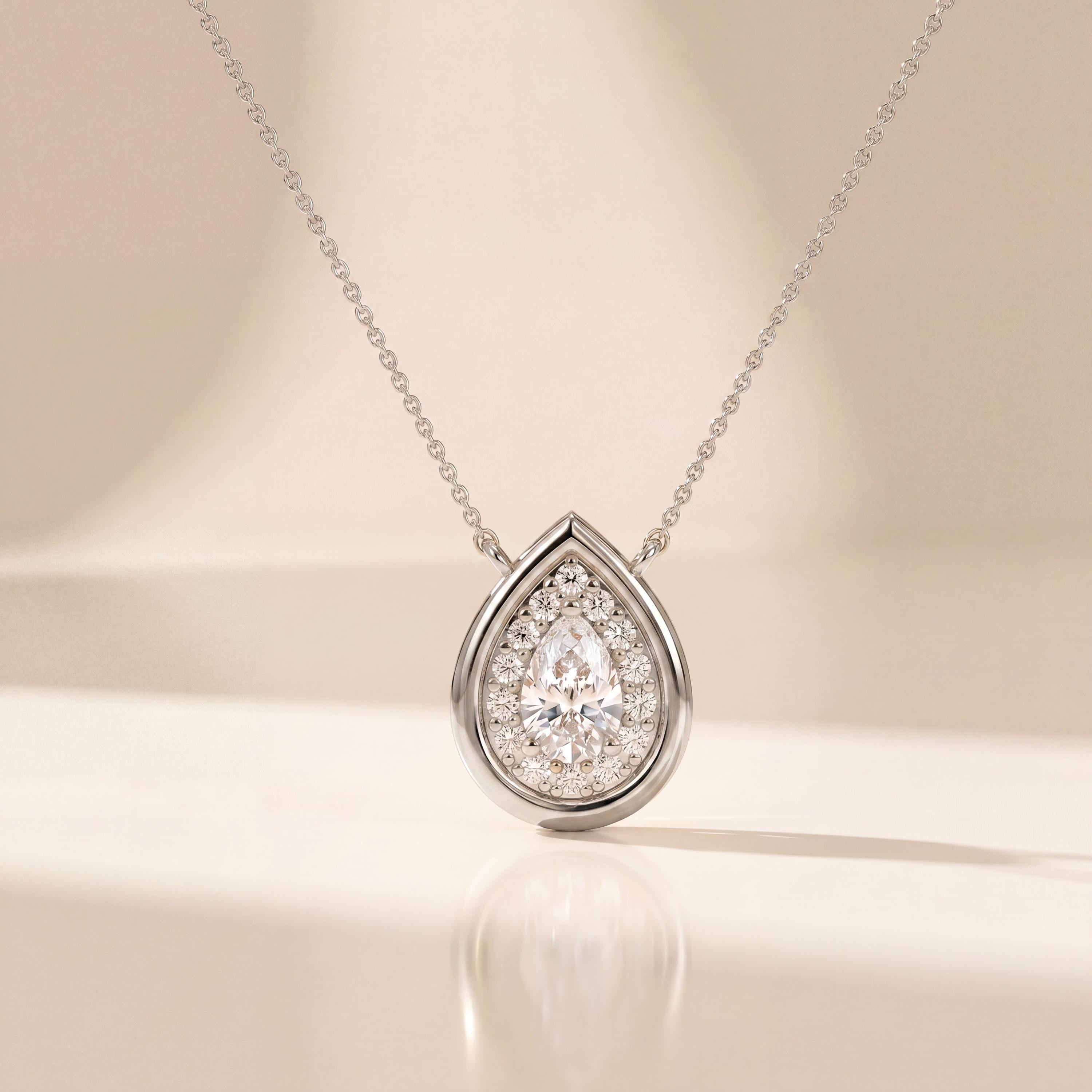 Pear Shape Diamond Halo Dainty Bezel 14K Solid Gold Pendant Necklace
