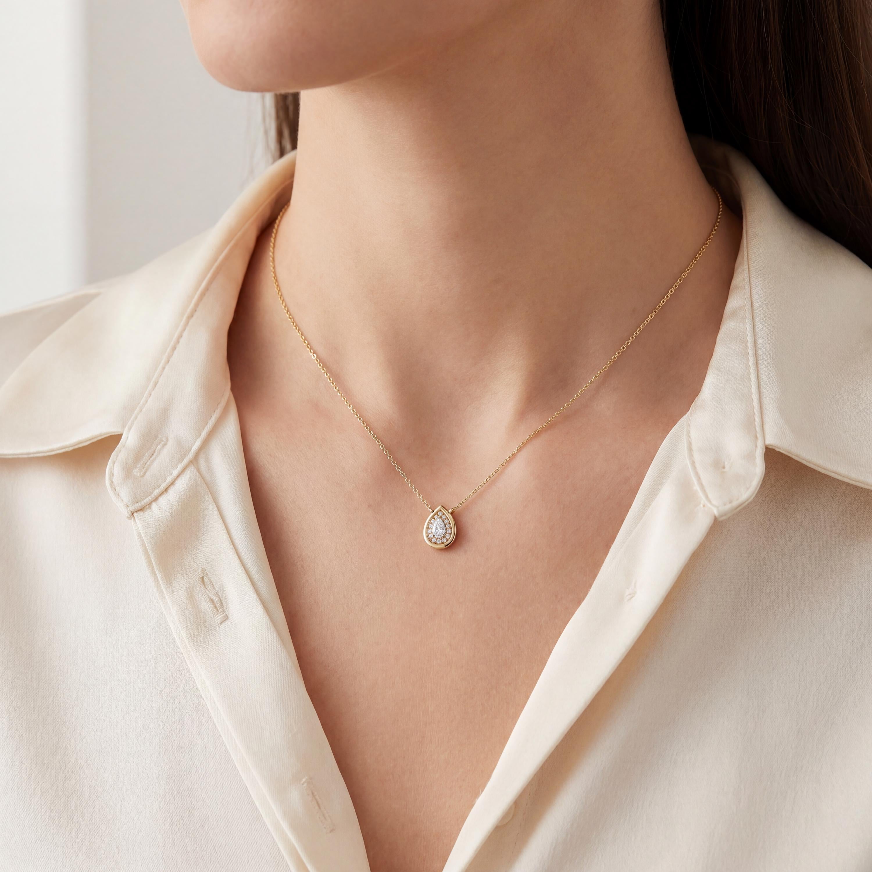 Pear Shape Diamond Halo Dainty Bezel 14K Solid Gold Pendant Necklace