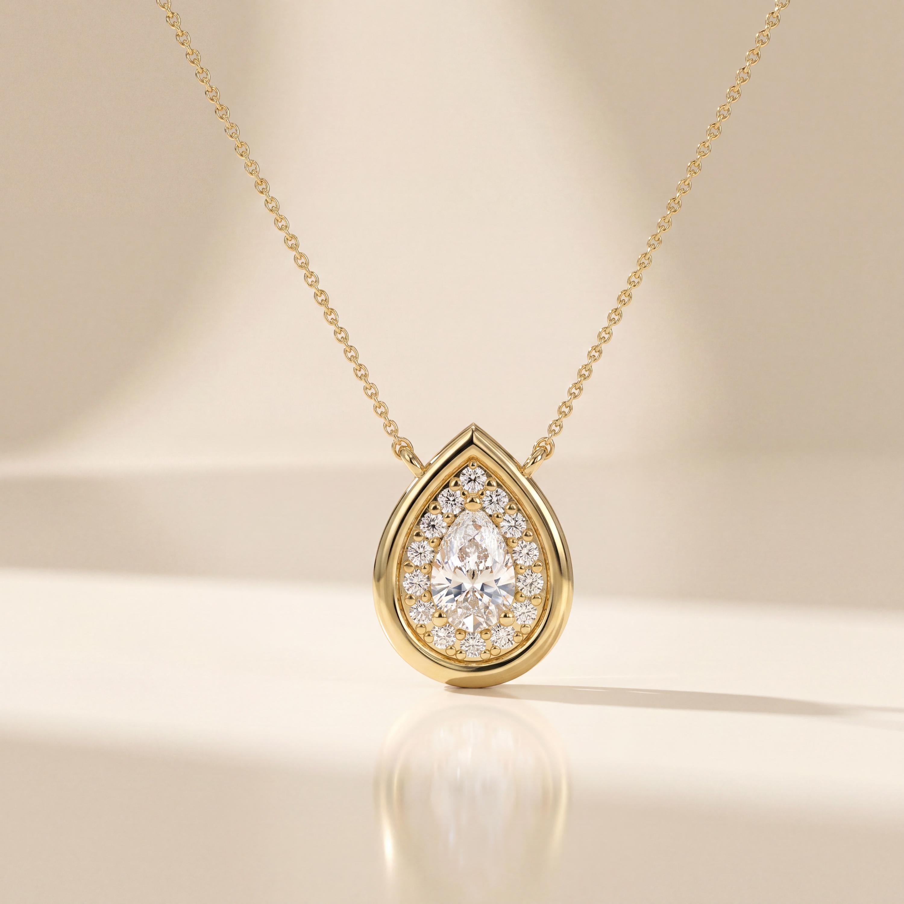 Pear Shape Diamond Halo Dainty Bezel 14K Solid Gold Pendant Necklace