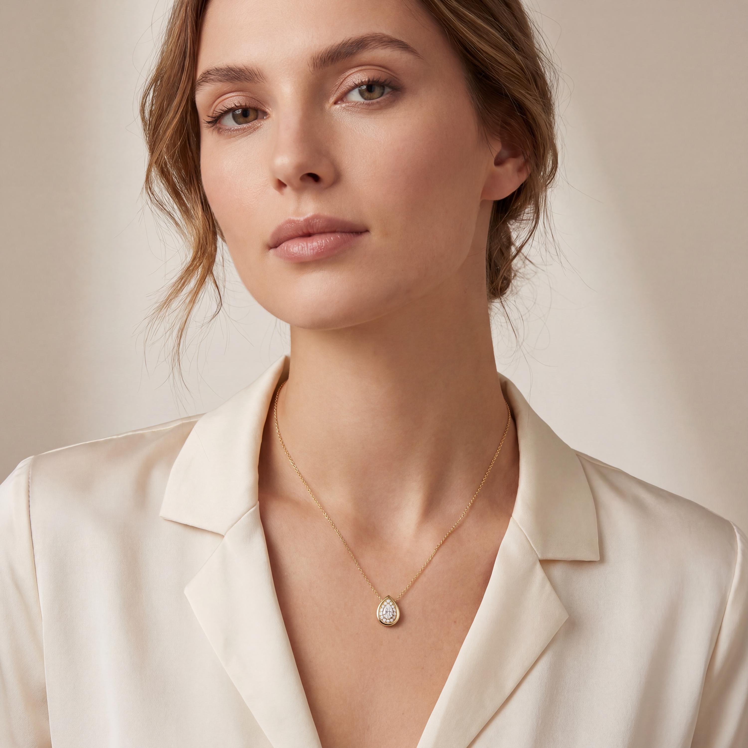 Pear Shape Diamond Halo Dainty Bezel 14K Solid Gold Pendant Necklace