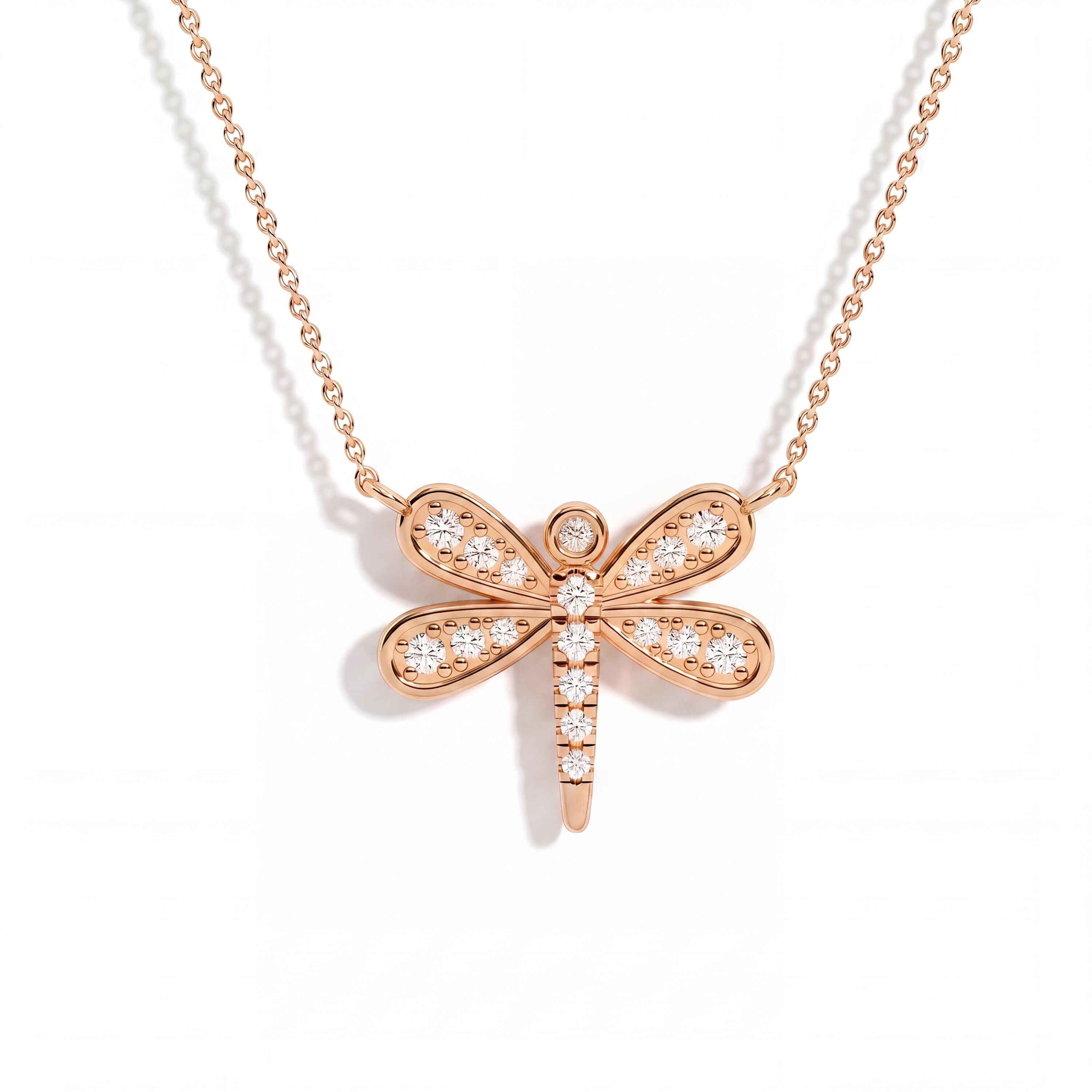 Round Diamond Dainty Dragonfly 14K Solid Gold Pendant Necklace