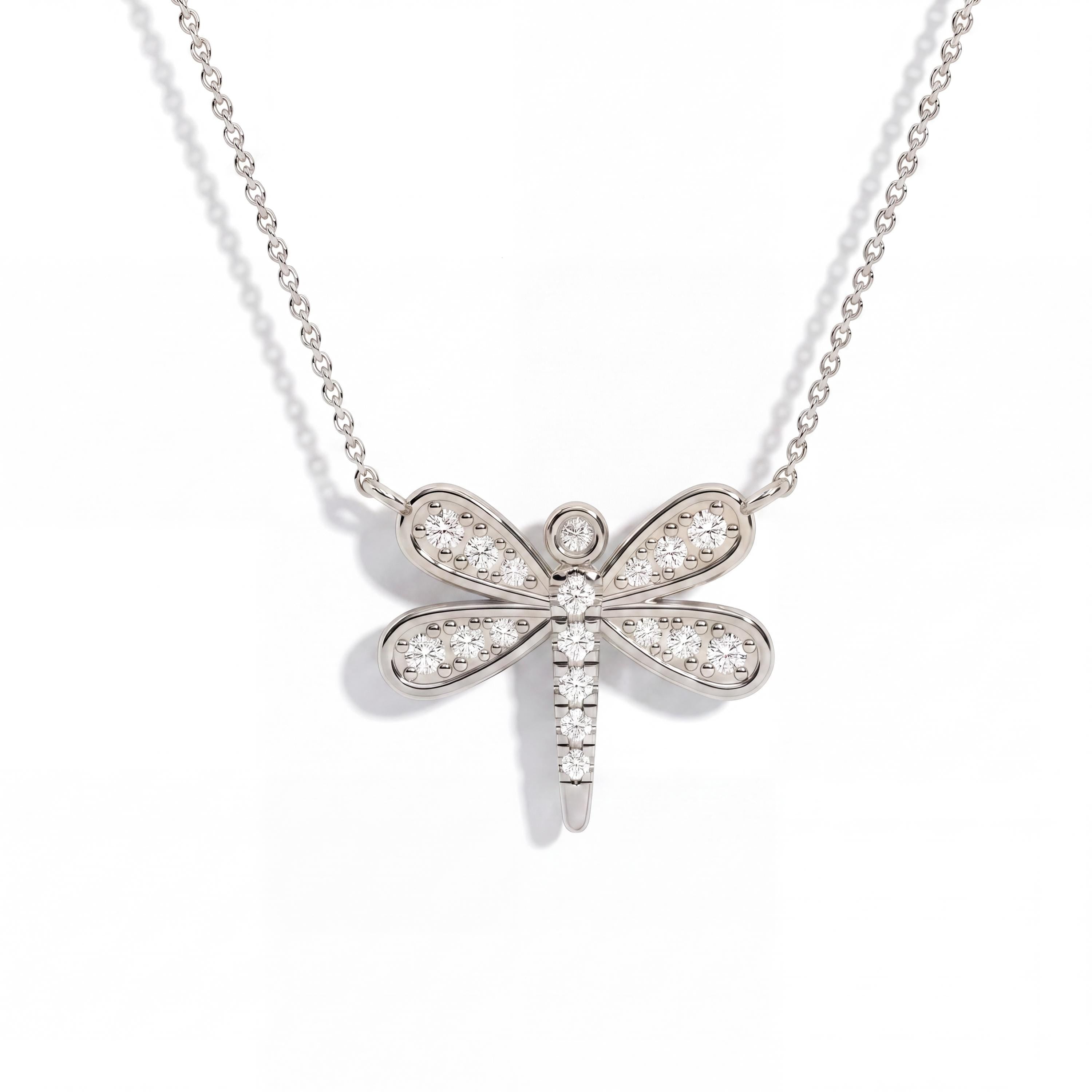 Round Diamond Dainty Dragonfly 14K Solid Gold Pendant Necklace