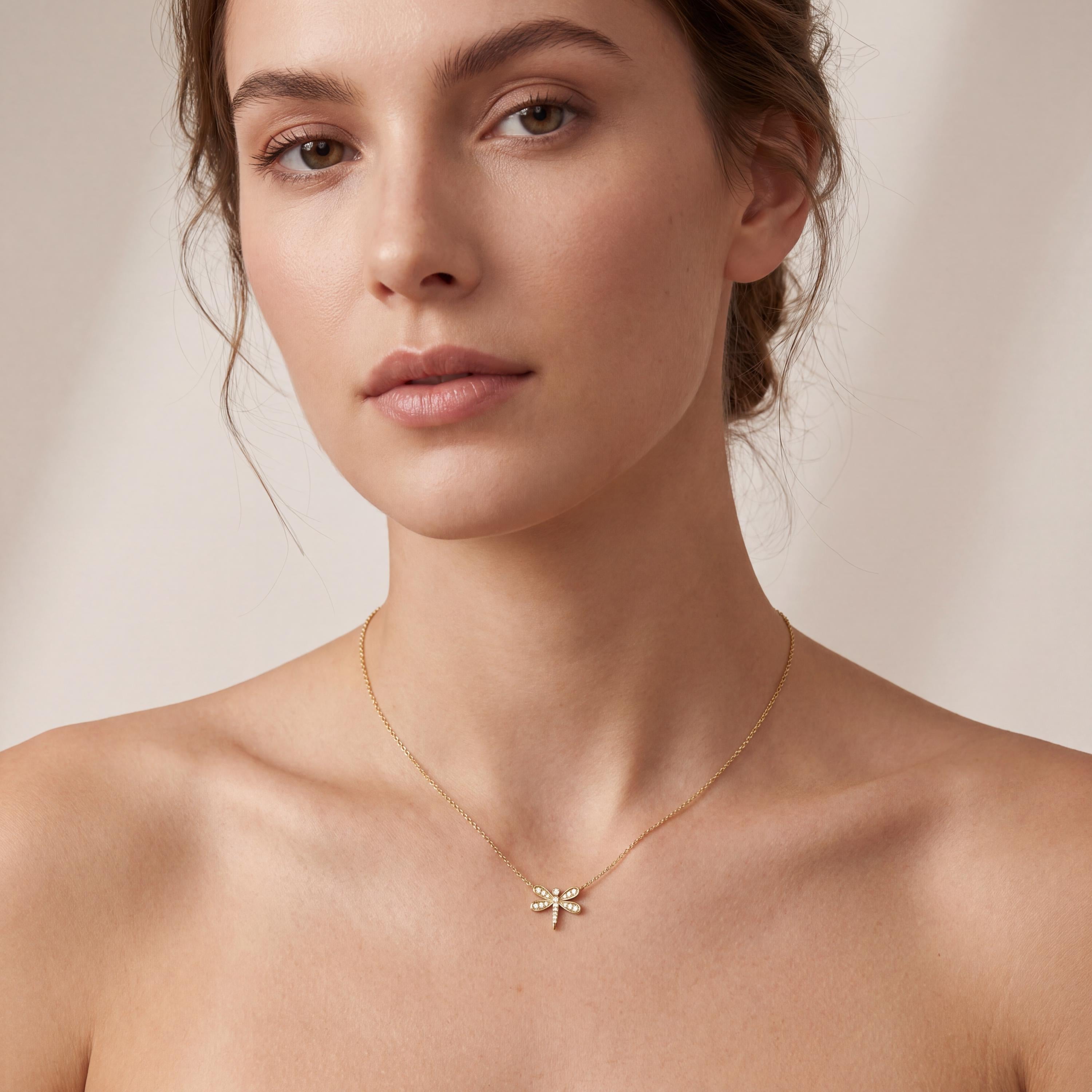 Round Diamond Dainty Dragonfly 14K Solid Gold Pendant Necklace