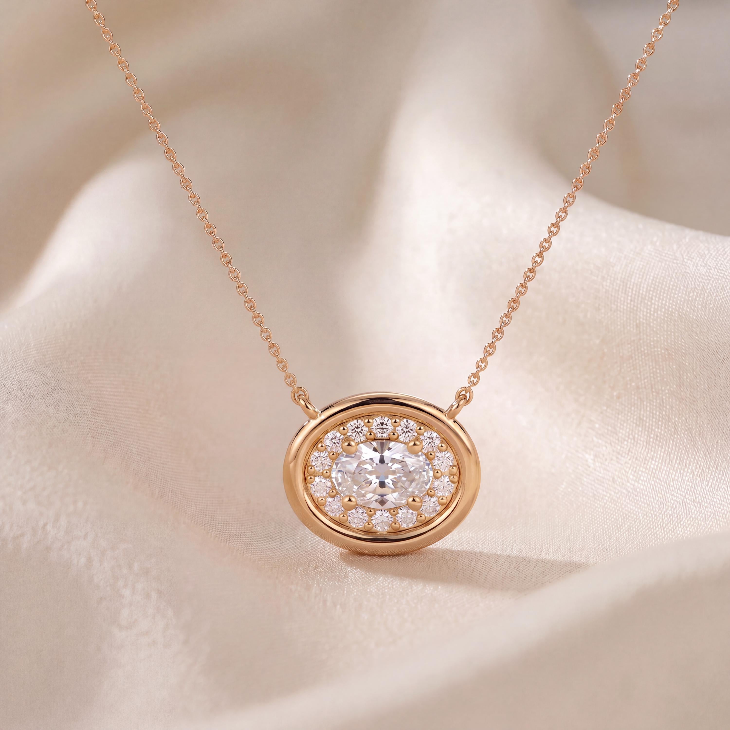 Oval Diamond Halo Dainty Bezel 14K Solid Gold Pendant Necklace
