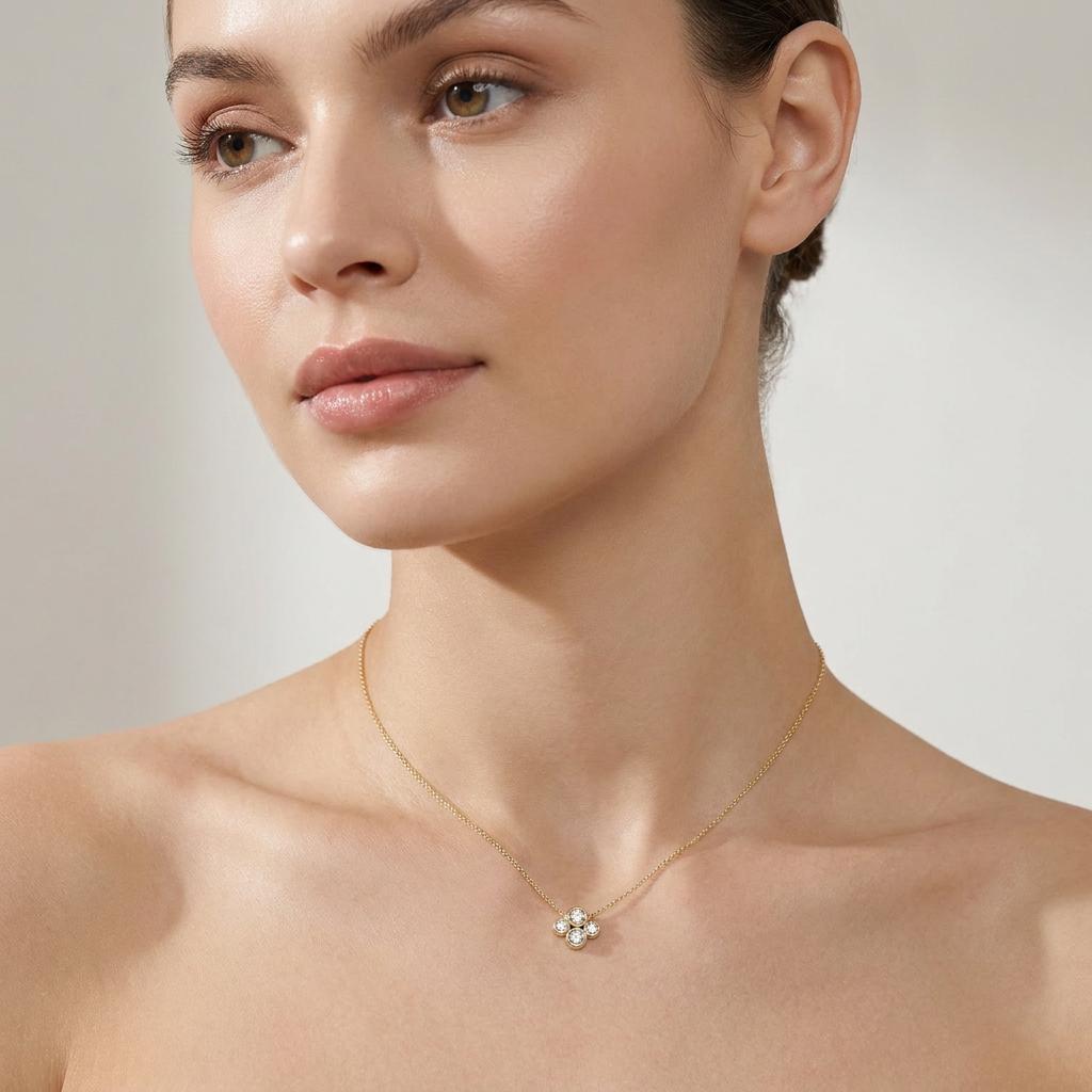 Round Diamond Four Stone Cluster Dainty Necklace 14K Solid Gold Pendant