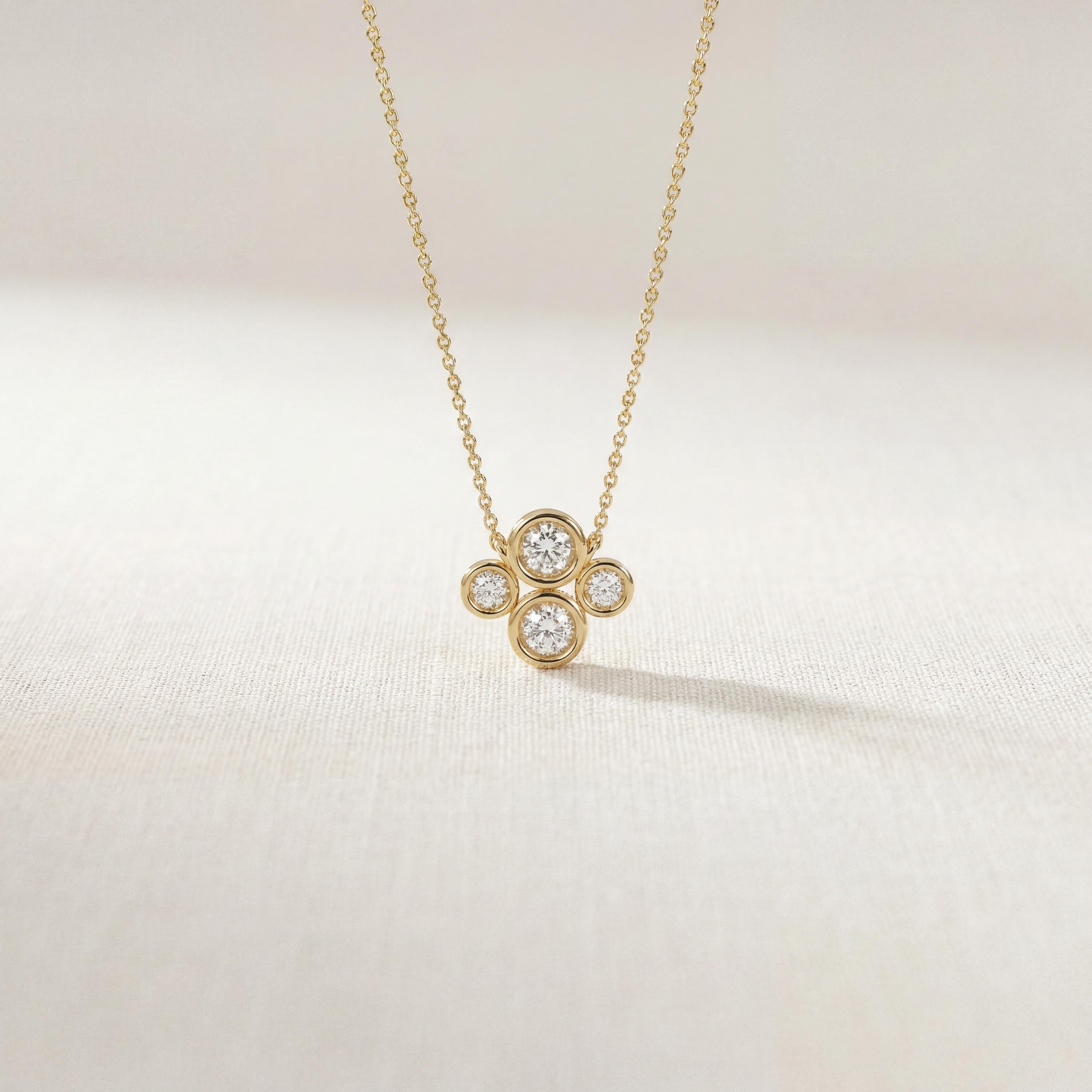 Round Diamond Four Stone Cluster Dainty Necklace 14K Solid Gold Pendant
