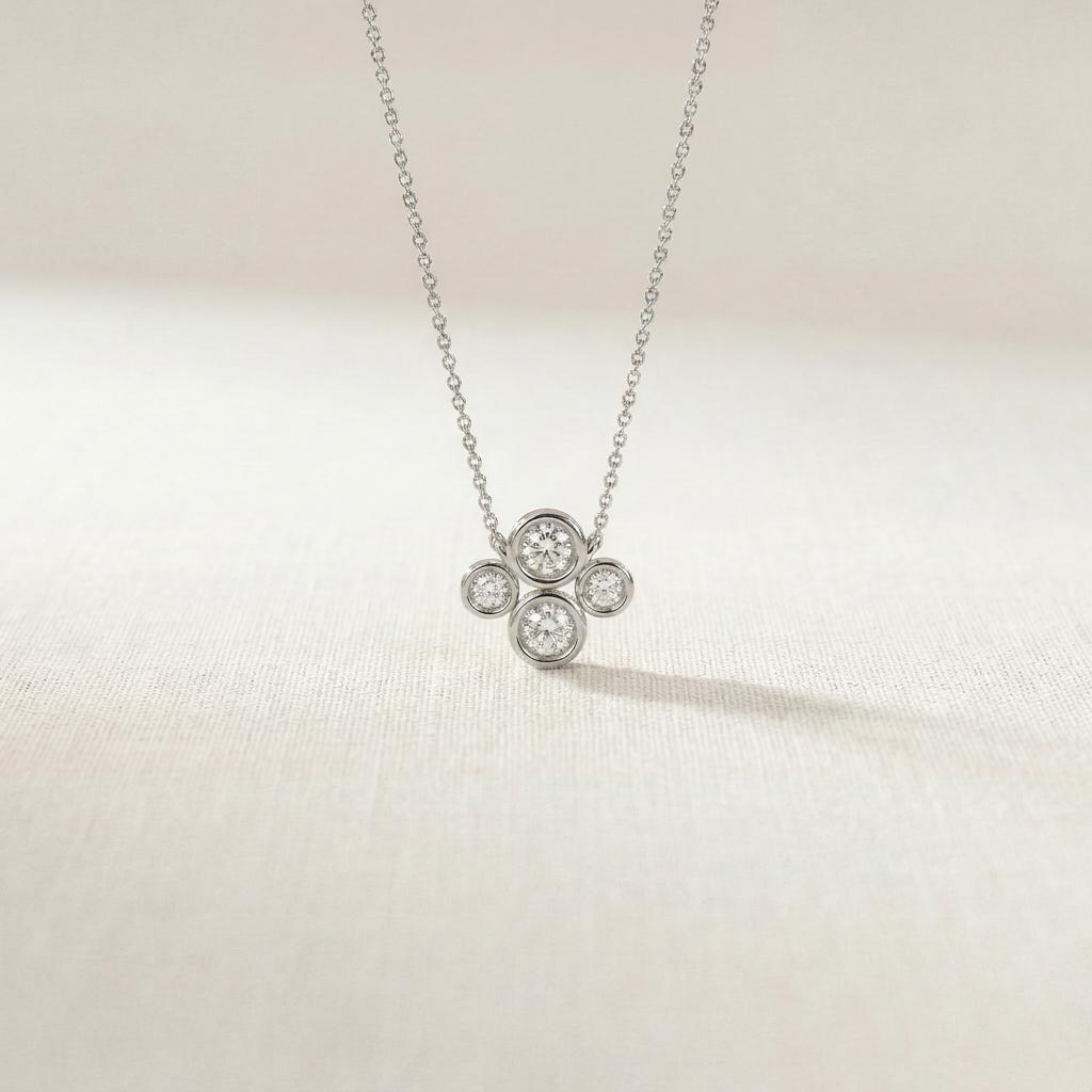 Round Diamond Four Stone Cluster Dainty Necklace 14K Solid Gold Pendant