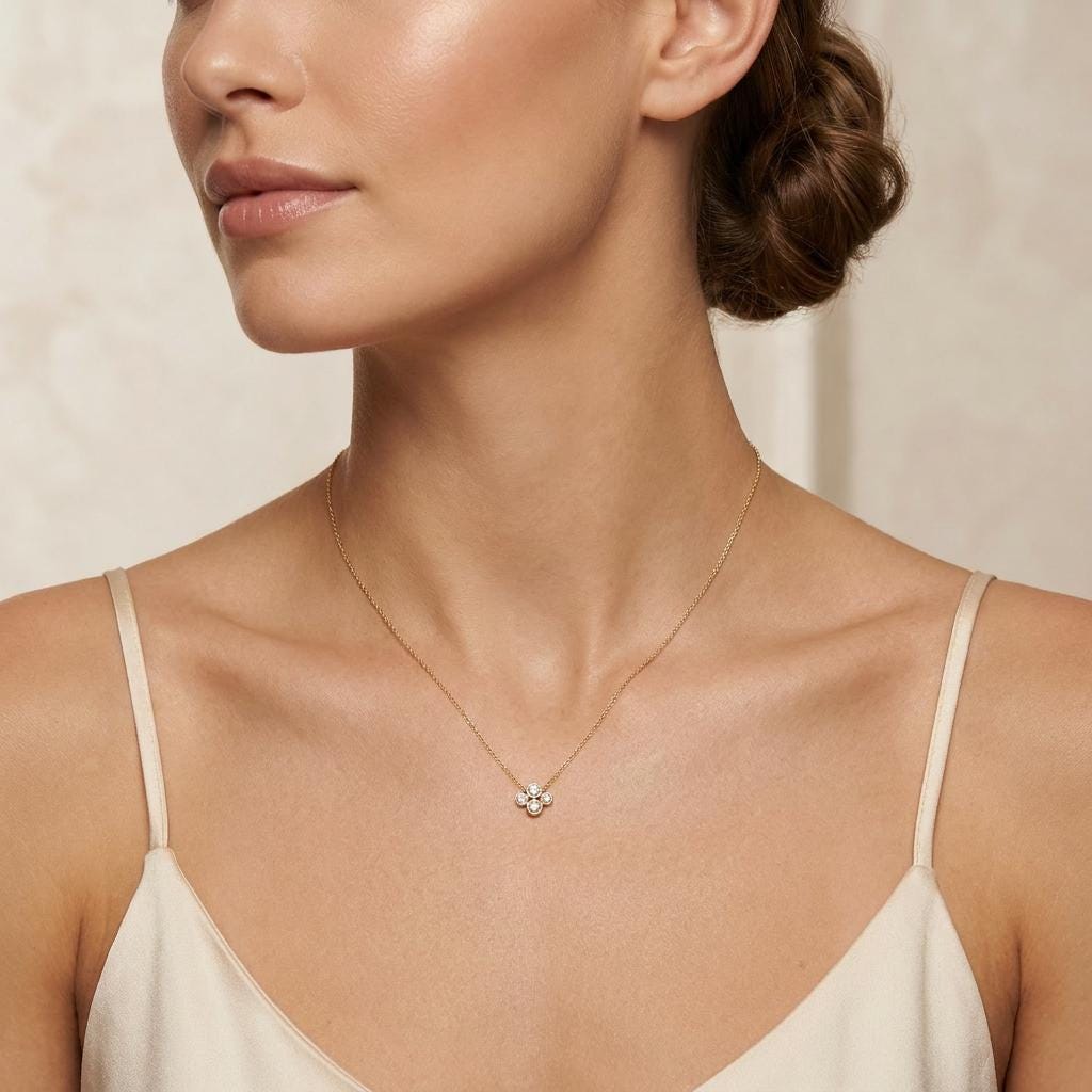 Round Diamond Four Stone Cluster Dainty Necklace 14K Solid Gold Pendant