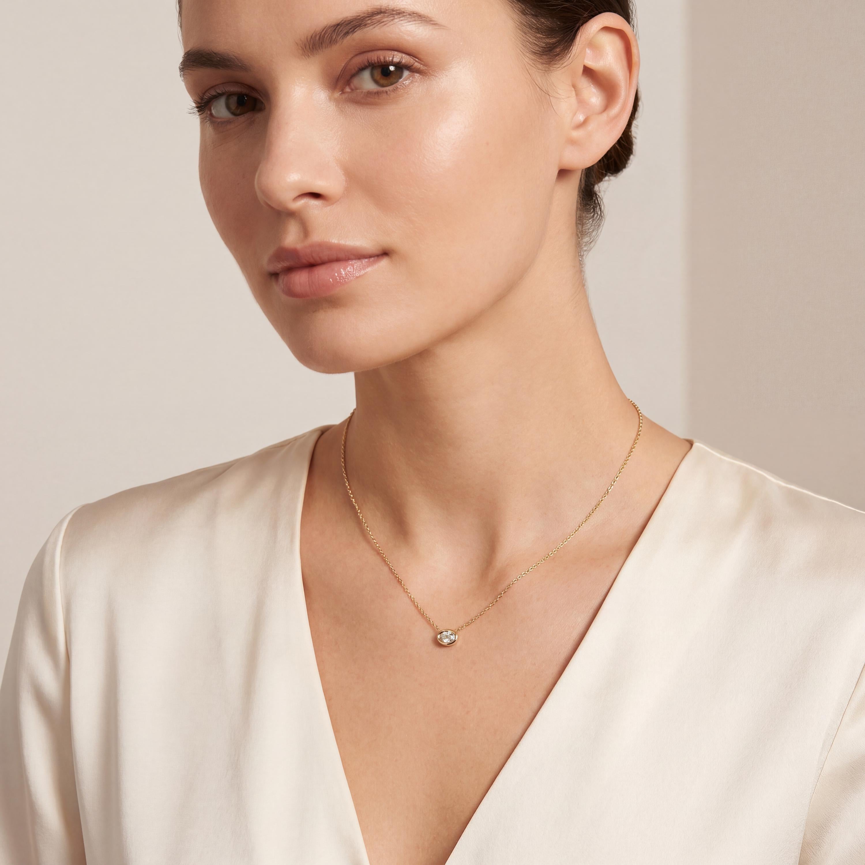 Oval Cut Diamond Bezel Set Dainty Solitaire 14K Solid Gold Pendant Necklace