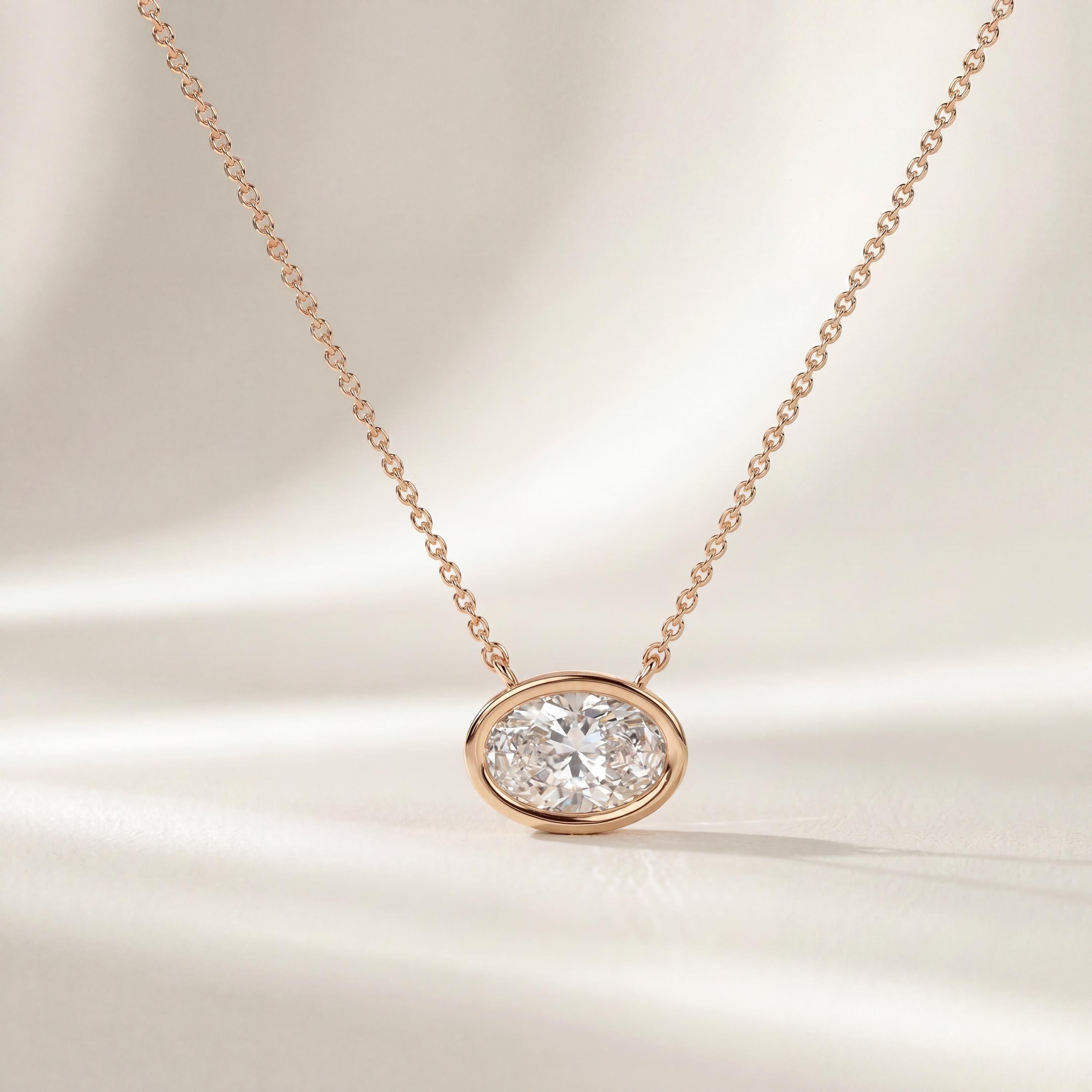 Oval Cut Diamond Bezel Set Dainty Solitaire 14K Solid Gold Pendant Necklace
