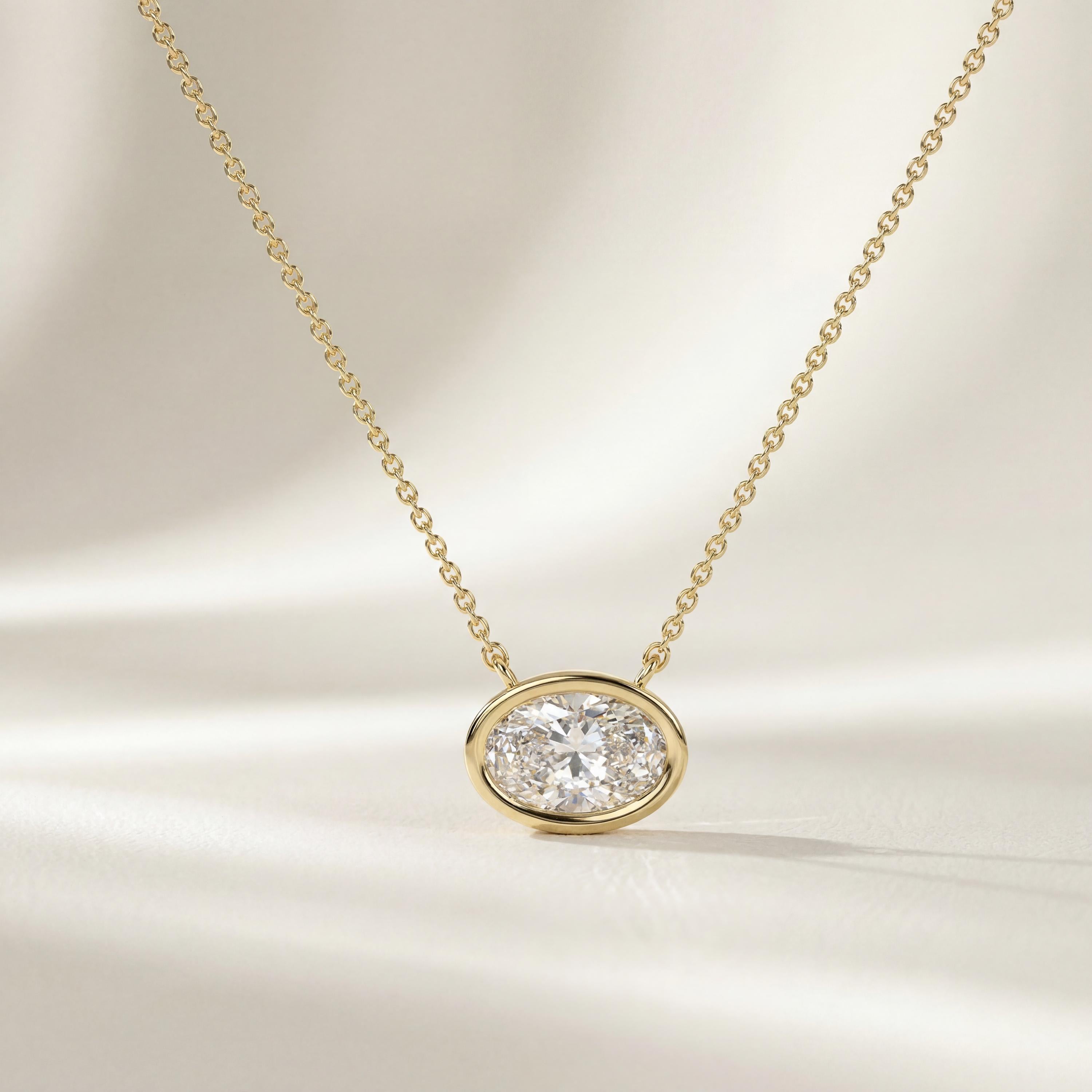 Oval Cut Diamond Bezel Set Dainty Solitaire 14K Solid Gold Pendant Necklace