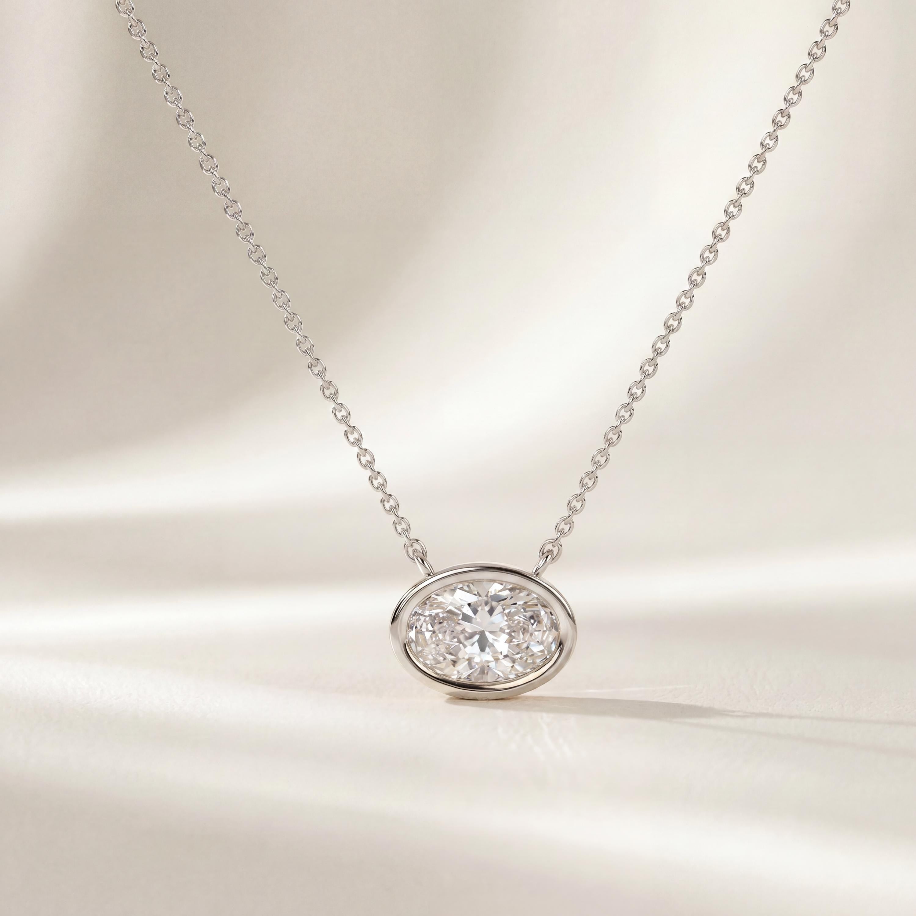 Oval Cut Diamond Bezel Set Dainty Solitaire 14K Solid Gold Pendant Necklace