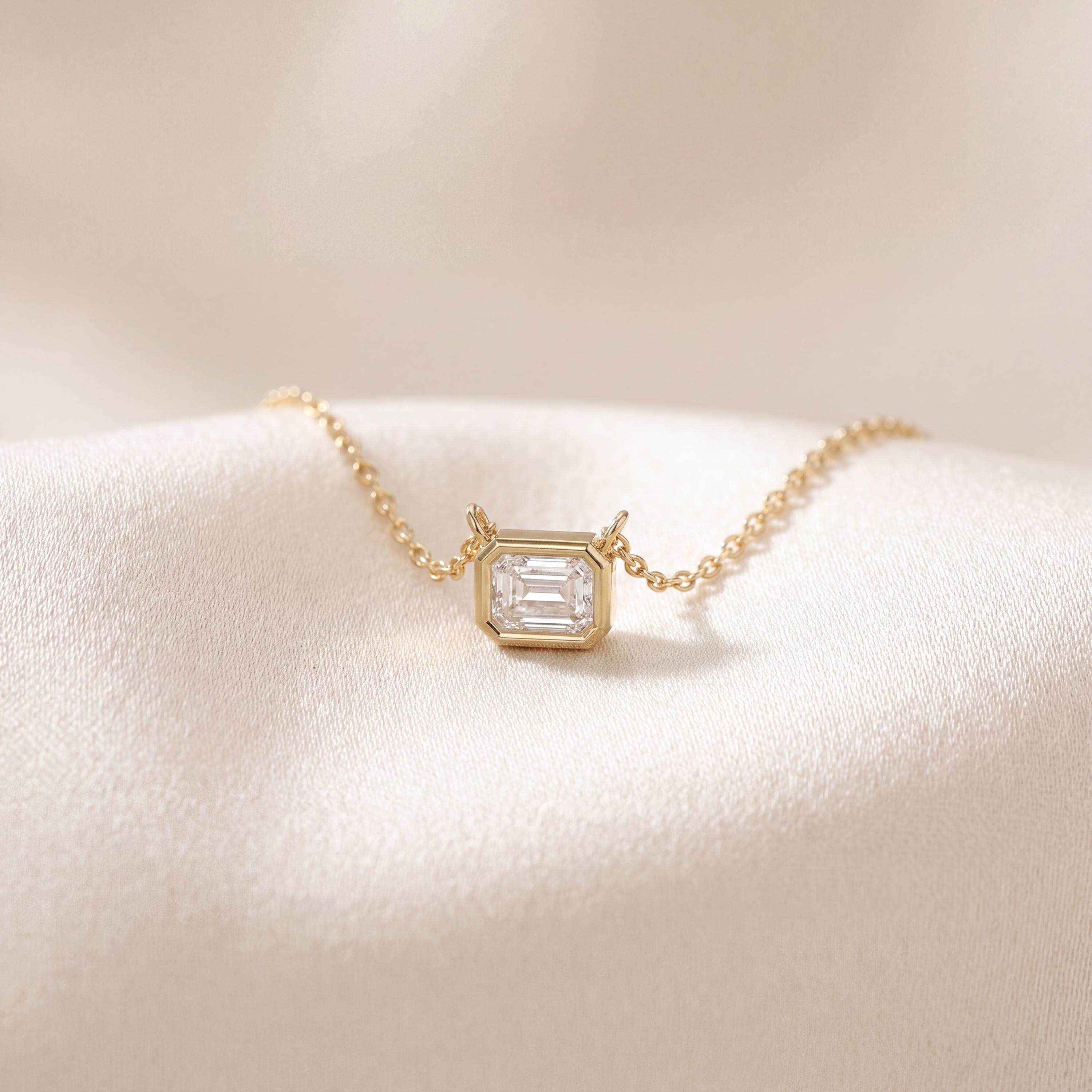 Emerald Cut Diamond Bezel Set Dainty Solitaire 14K Solid Gold Pendant Necklace