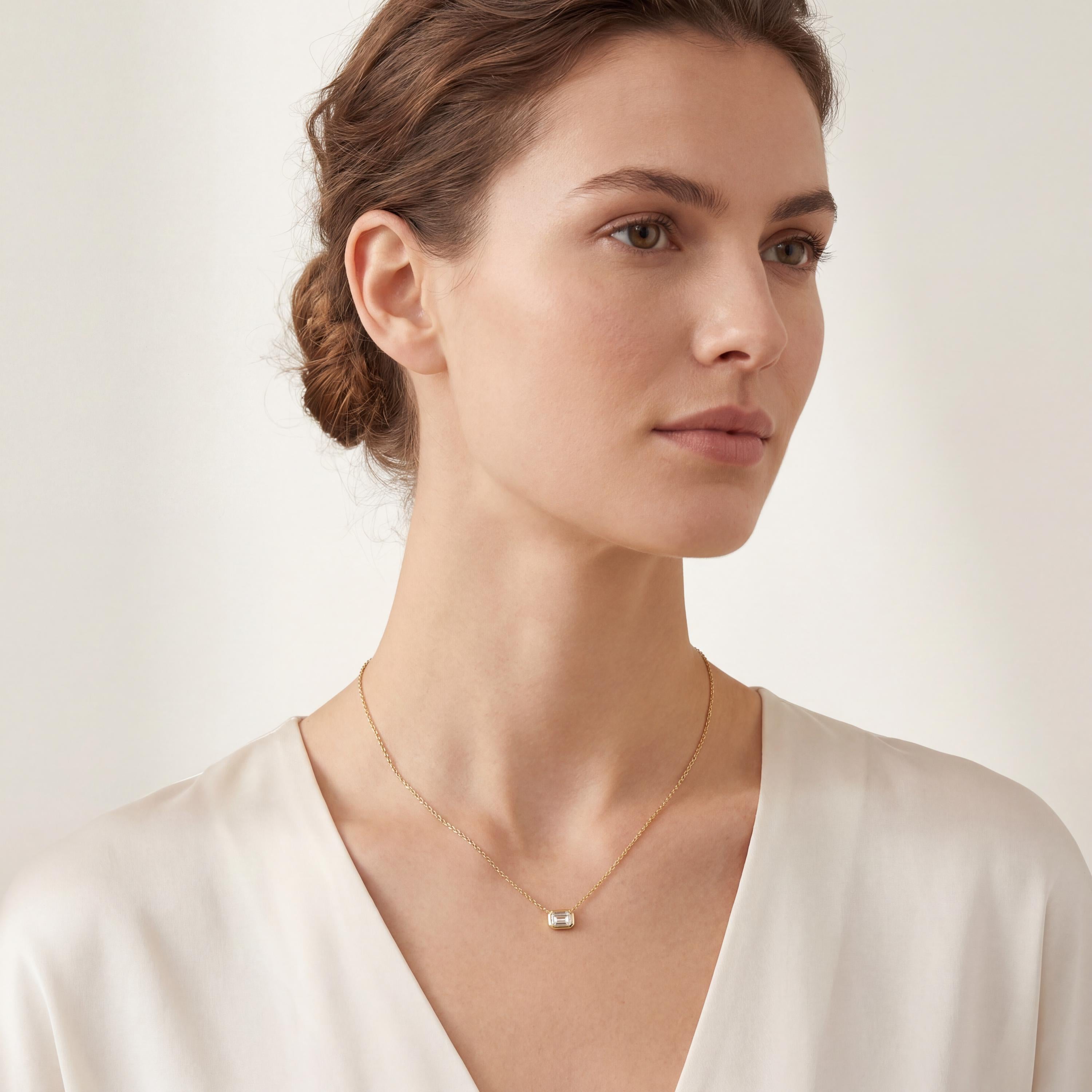 Emerald Cut Diamond Bezel Set Dainty Solitaire 14K Solid Gold Pendant Necklace