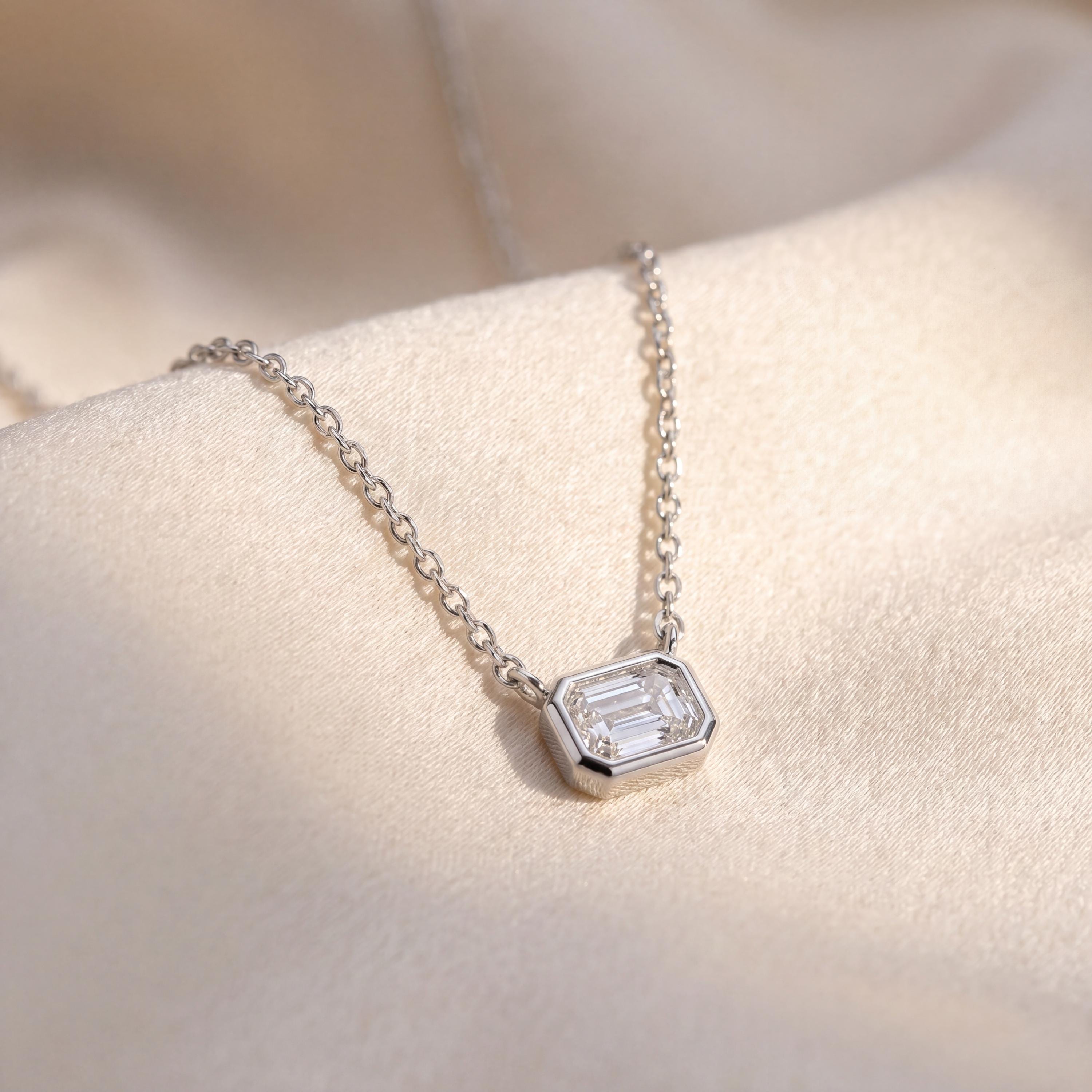 Emerald Cut Diamond Bezel Set Dainty Solitaire 14K Solid Gold Pendant Necklace