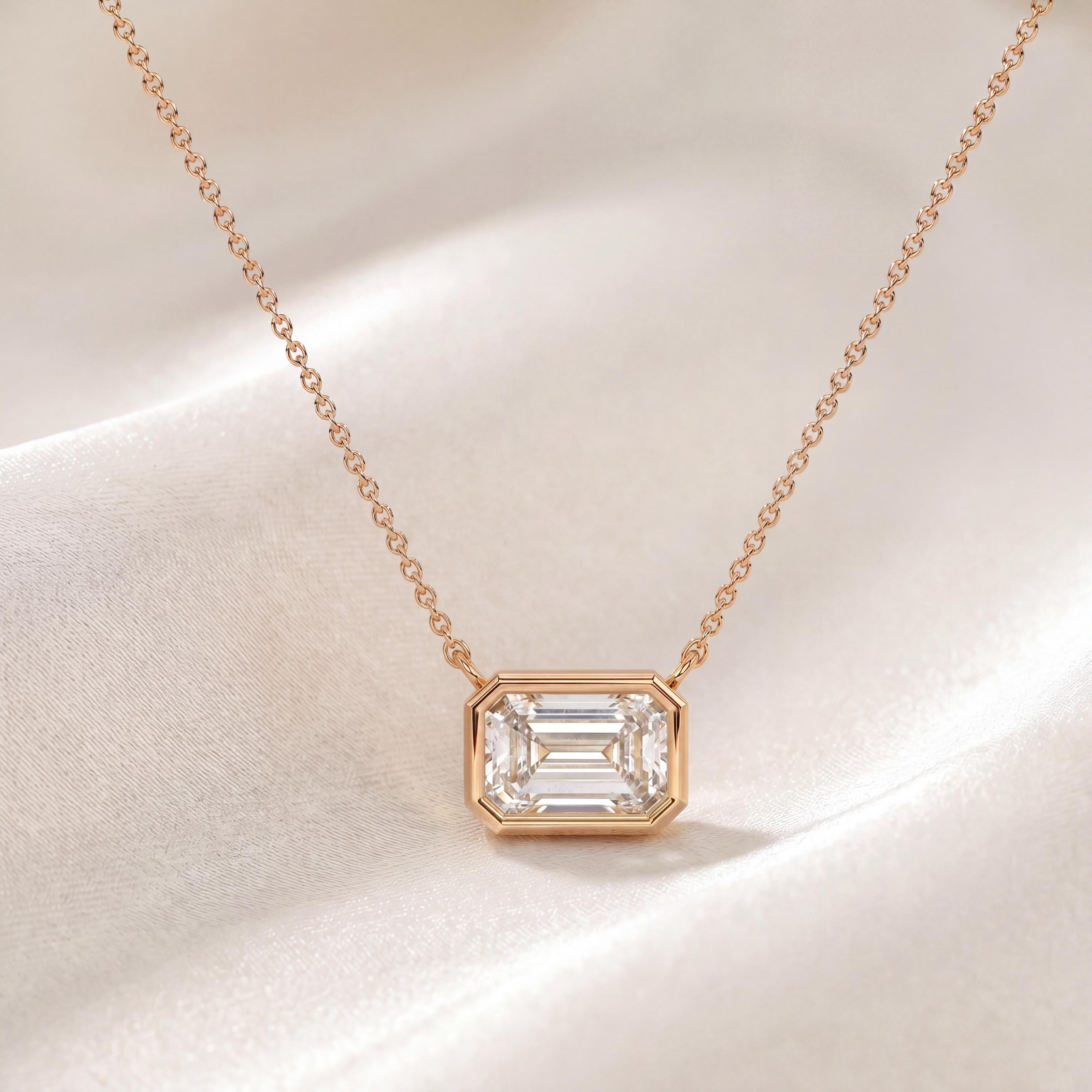 Emerald Cut Diamond Bezel Set Dainty Solitaire 14K Solid Gold Pendant Necklace